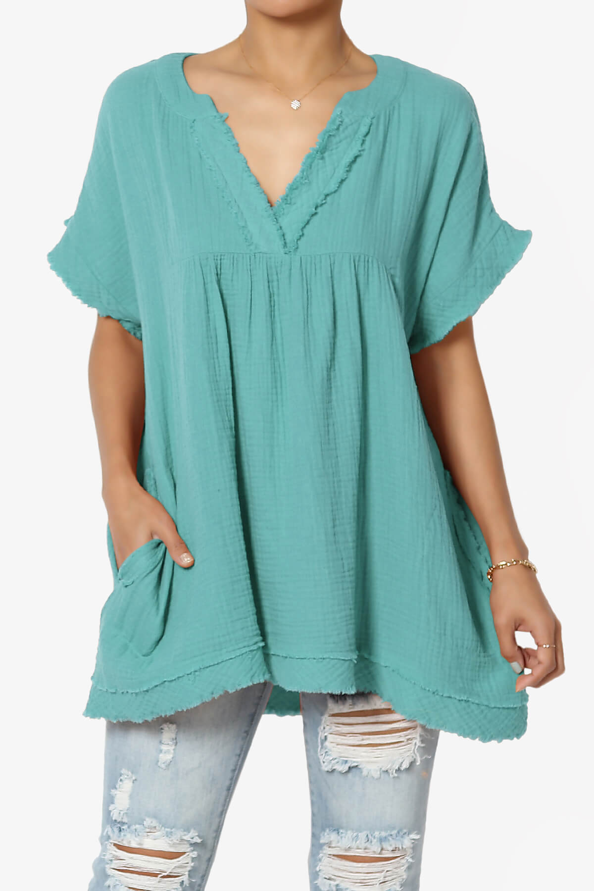 Milly Gauze V-Neck Babydoll Shirt Tunic DUSTY TEAL_1