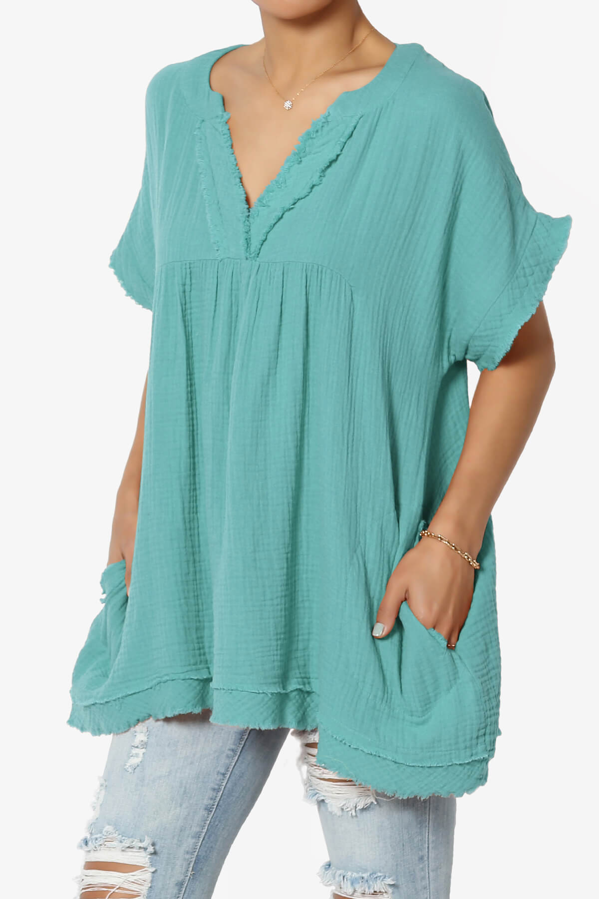 Milly Gauze V-Neck Babydoll Shirt Tunic DUSTY TEAL_3