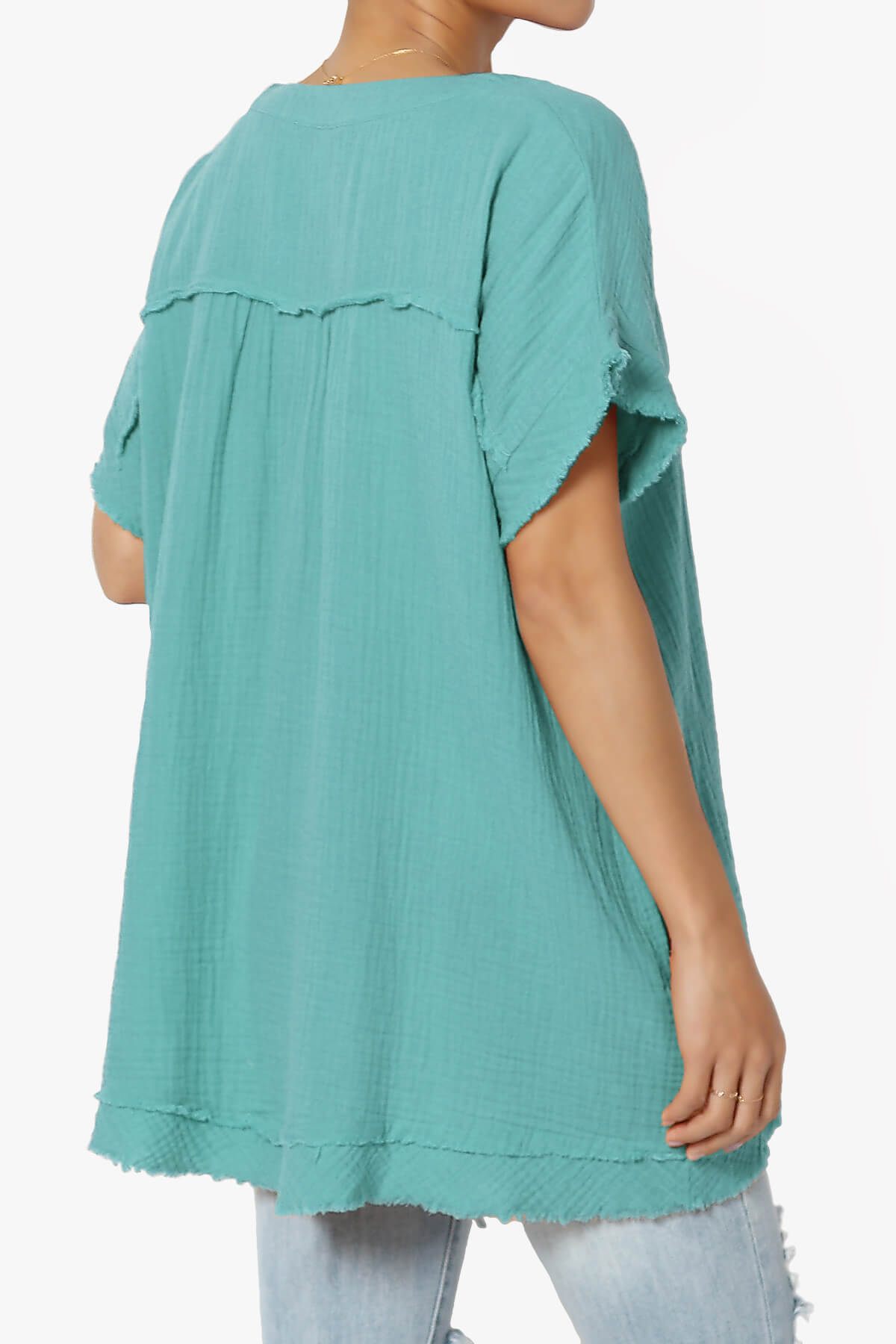Milly Gauze V-Neck Babydoll Shirt Tunic DUSTY TEAL_4