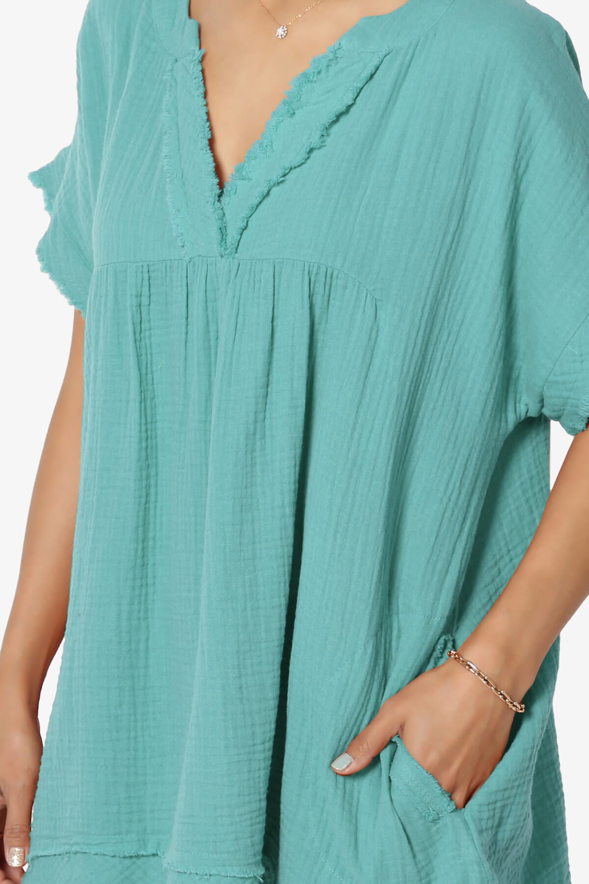 Milly Gauze V-Neck Babydoll Shirt Tunic DUSTY TEAL_5