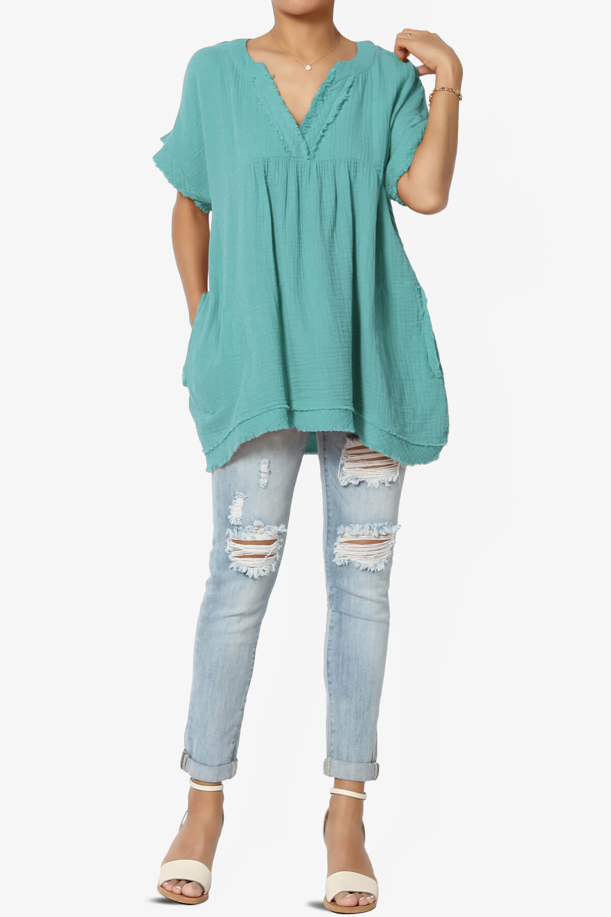 Milly Gauze V-Neck Babydoll Shirt Tunic DUSTY TEAL_6