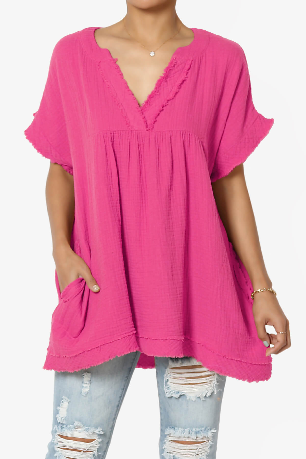 Milly Gauze V-Neck Babydoll Shirt Tunic HOT PINK_1
