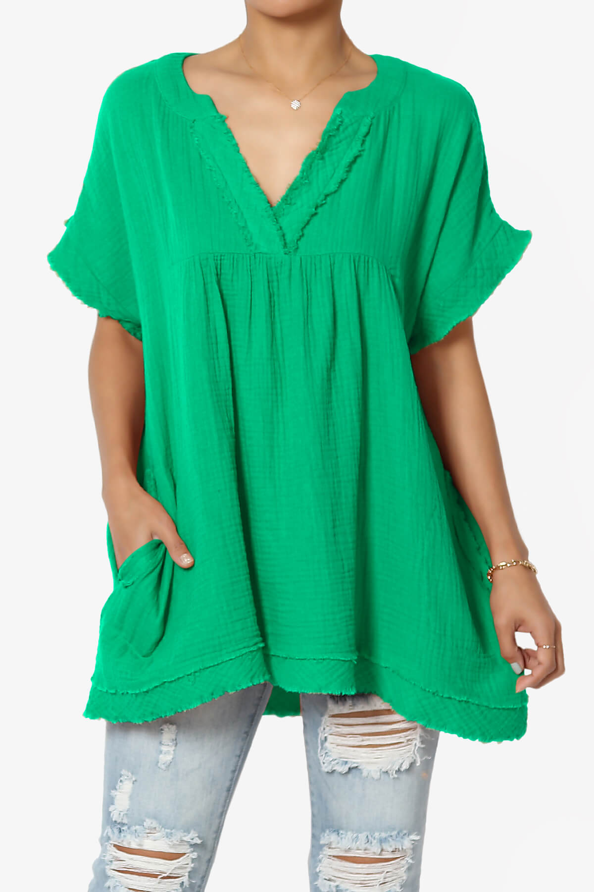 Milly Gauze V-Neck Babydoll Shirt Tunic KELLY GREEN_1