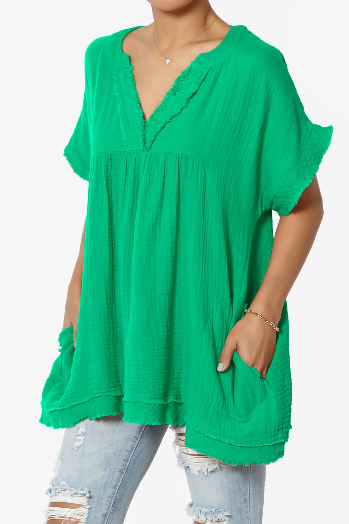 Milly Gauze V-Neck Babydoll Shirt Tunic KELLY GREEN_3