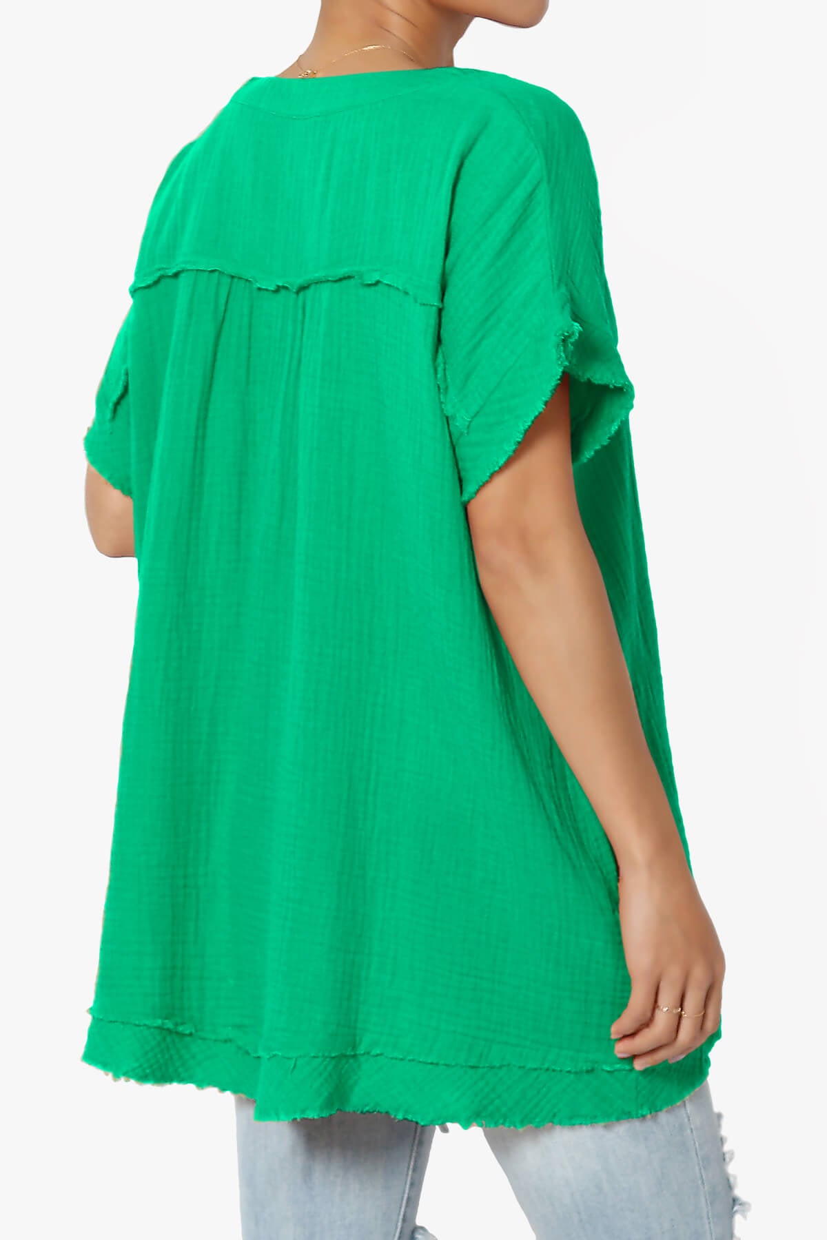 Milly Gauze V-Neck Babydoll Shirt Tunic KELLY GREEN_4