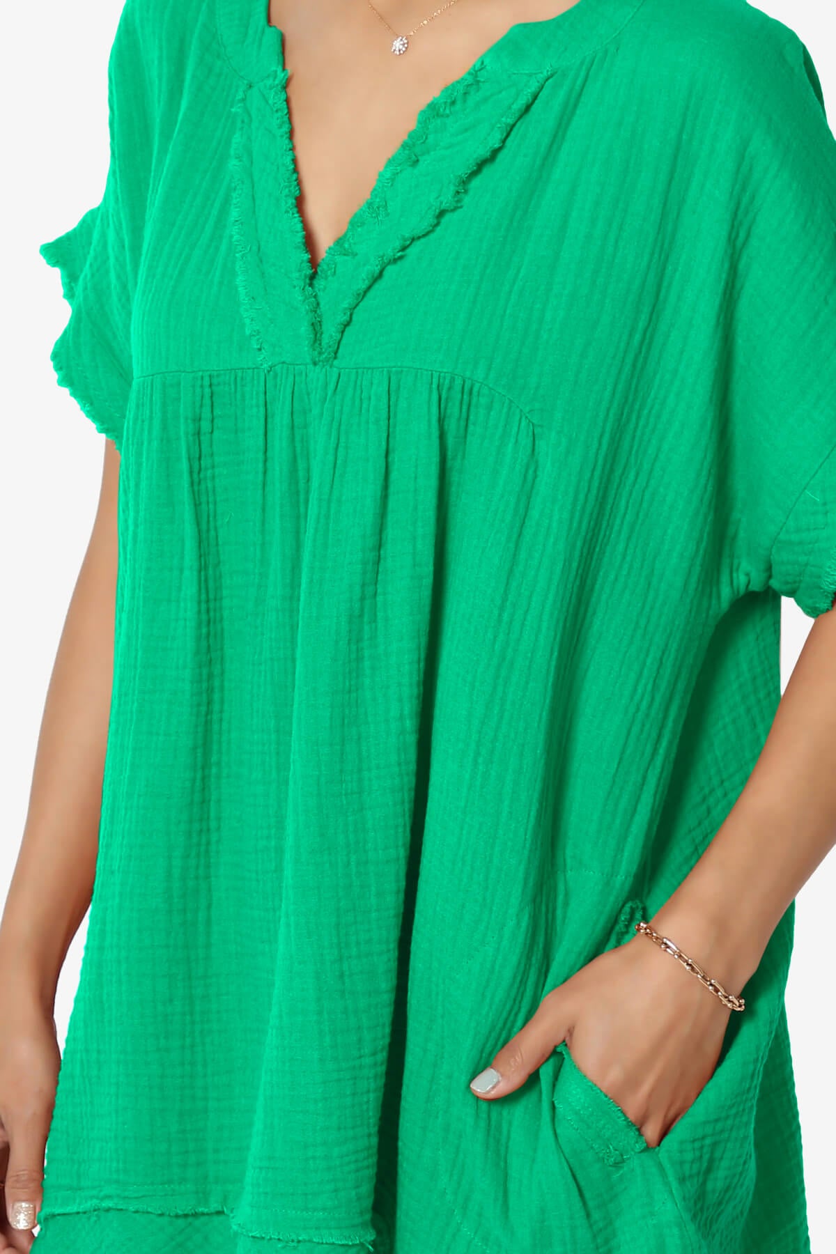 Milly Gauze V-Neck Babydoll Shirt Tunic KELLY GREEN_5