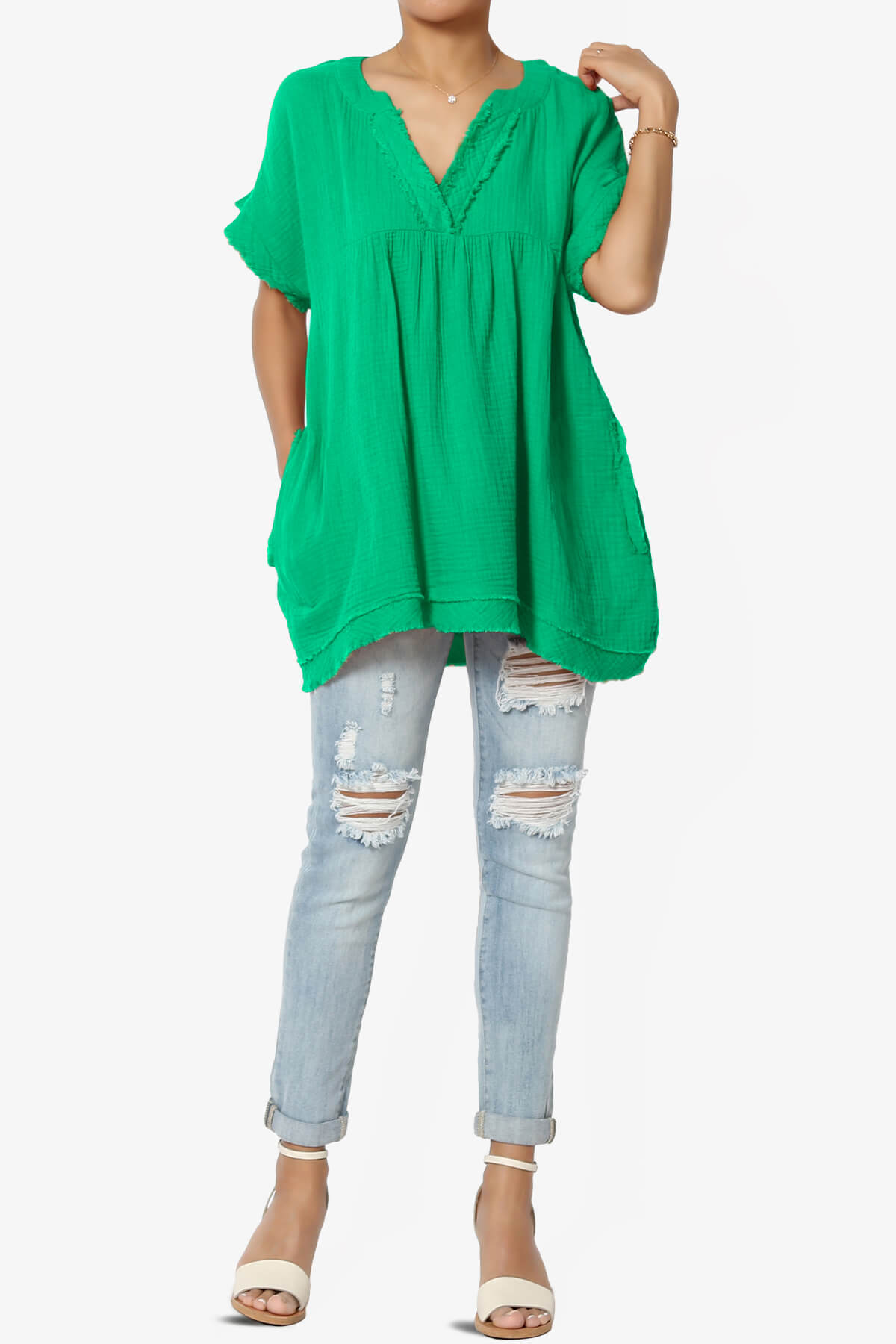 Milly Gauze V-Neck Babydoll Shirt Tunic KELLY GREEN_6