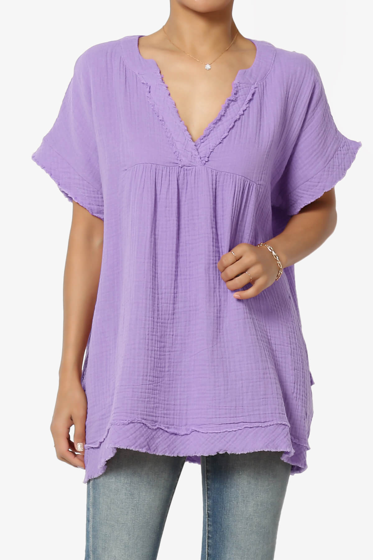 Milly Gauze V-Neck Babydoll Shirt Tunic LAVENDER_1