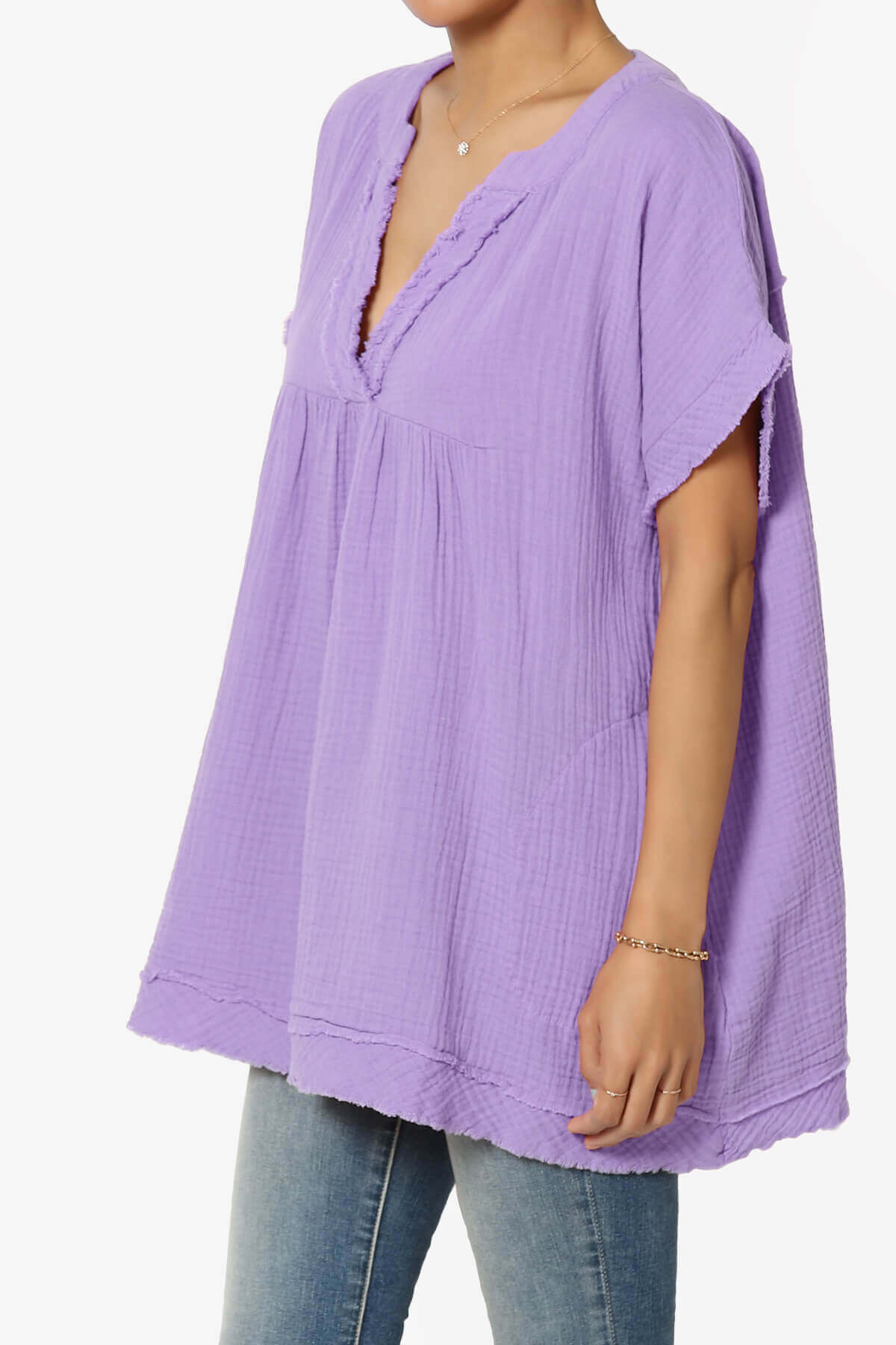 Milly Gauze V-Neck Babydoll Shirt Tunic LAVENDER_3
