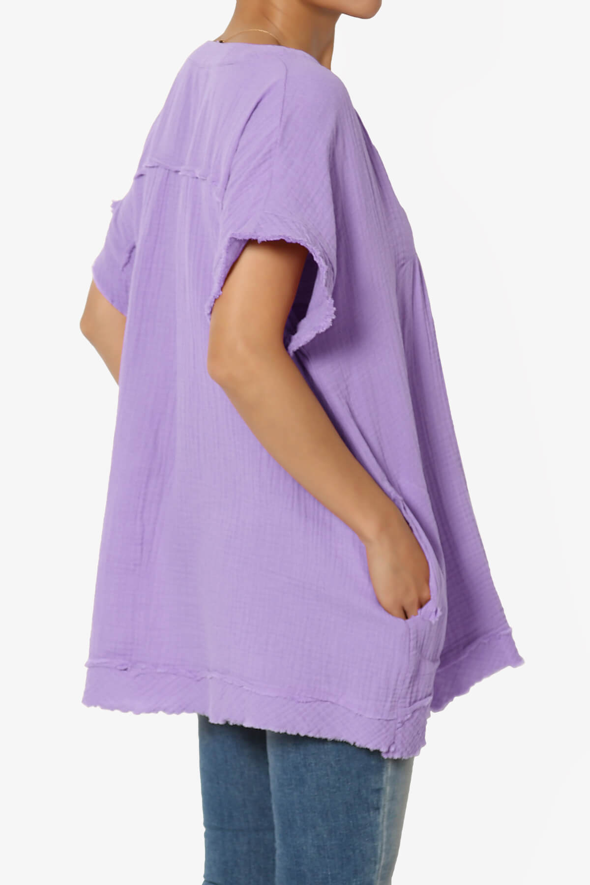Milly Gauze V-Neck Babydoll Shirt Tunic LAVENDER_4
