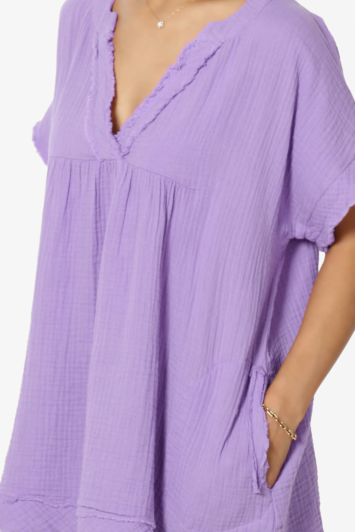 Milly Gauze V-Neck Babydoll Shirt Tunic LAVENDER_5