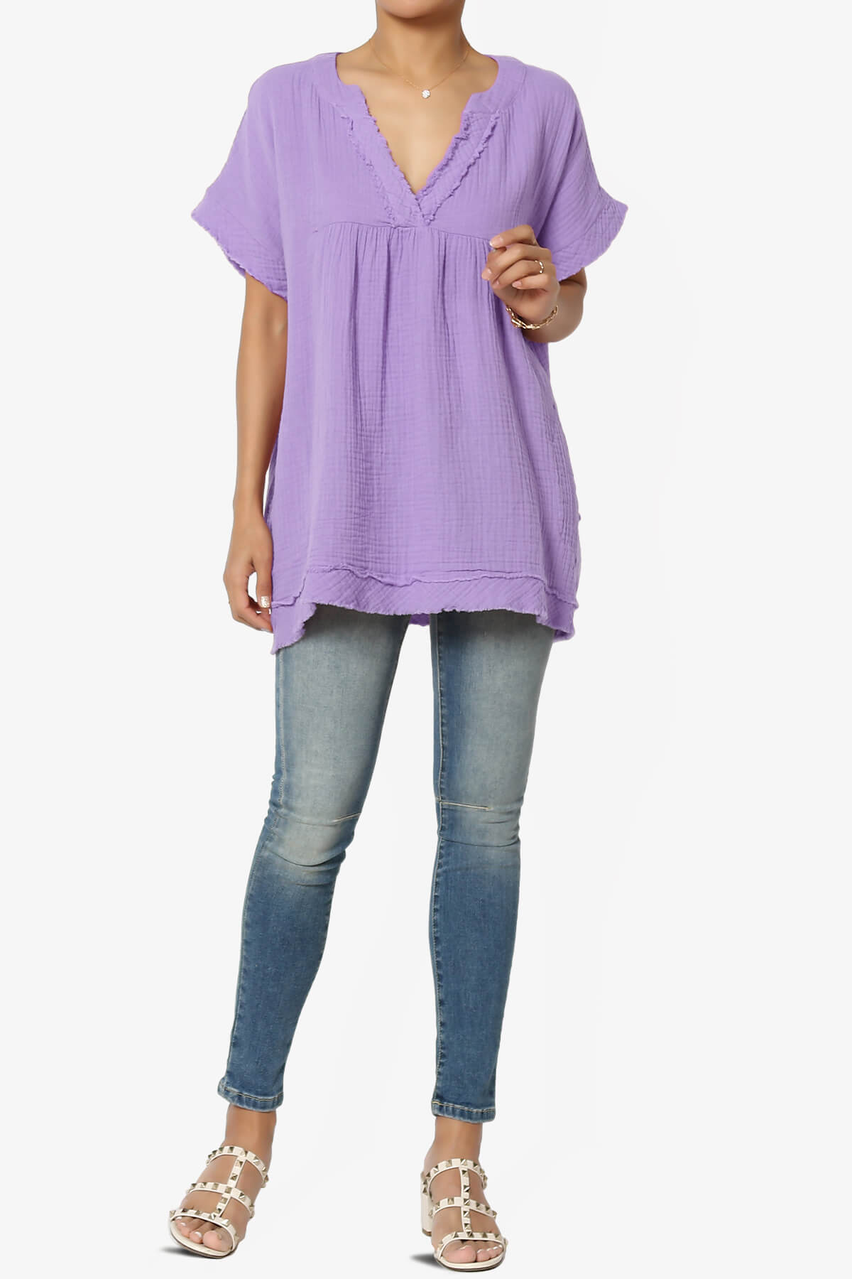Milly Gauze V-Neck Babydoll Shirt Tunic LAVENDER_6