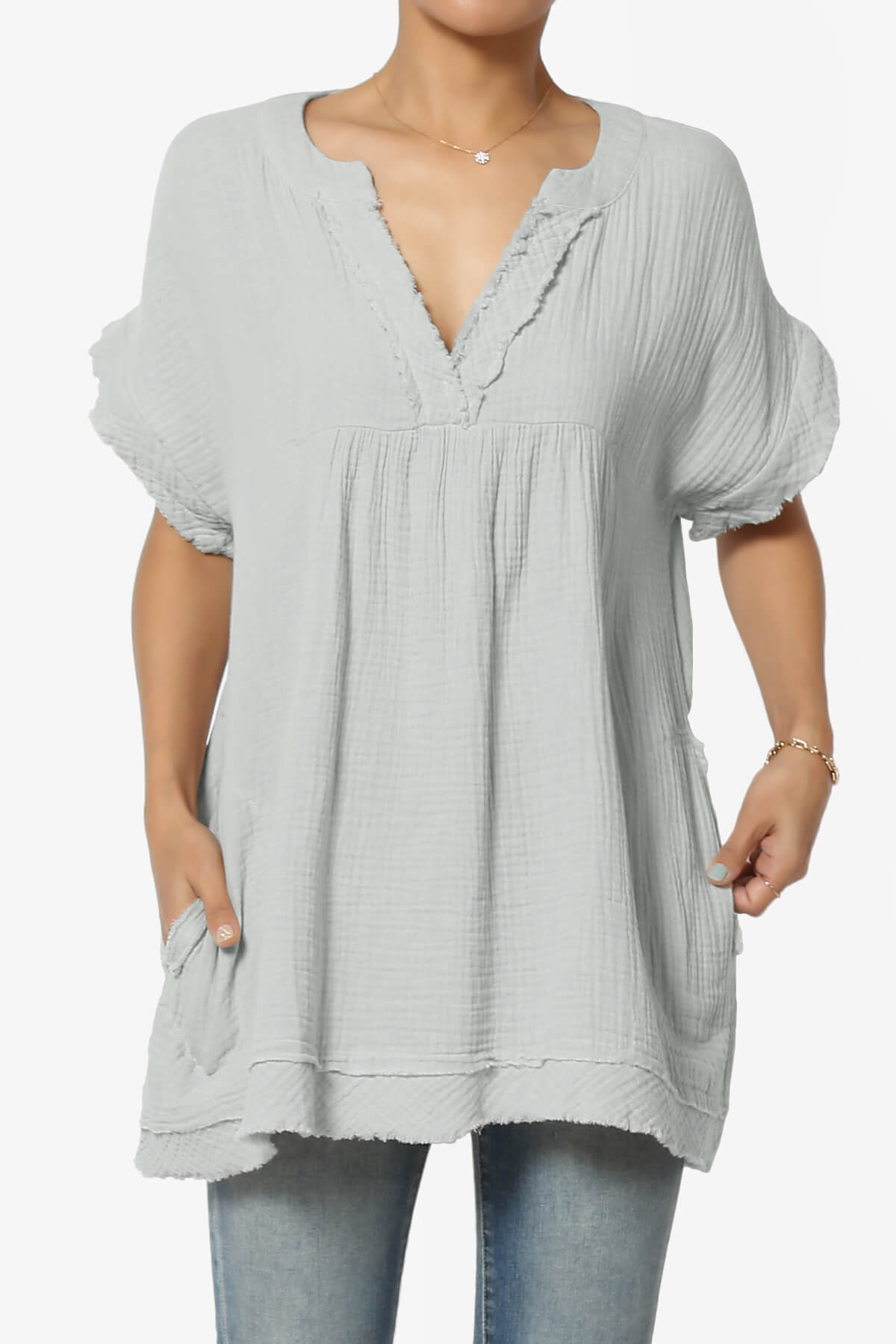 Milly Gauze V-Neck Babydoll Shirt Tunic LIGHT GREY_1