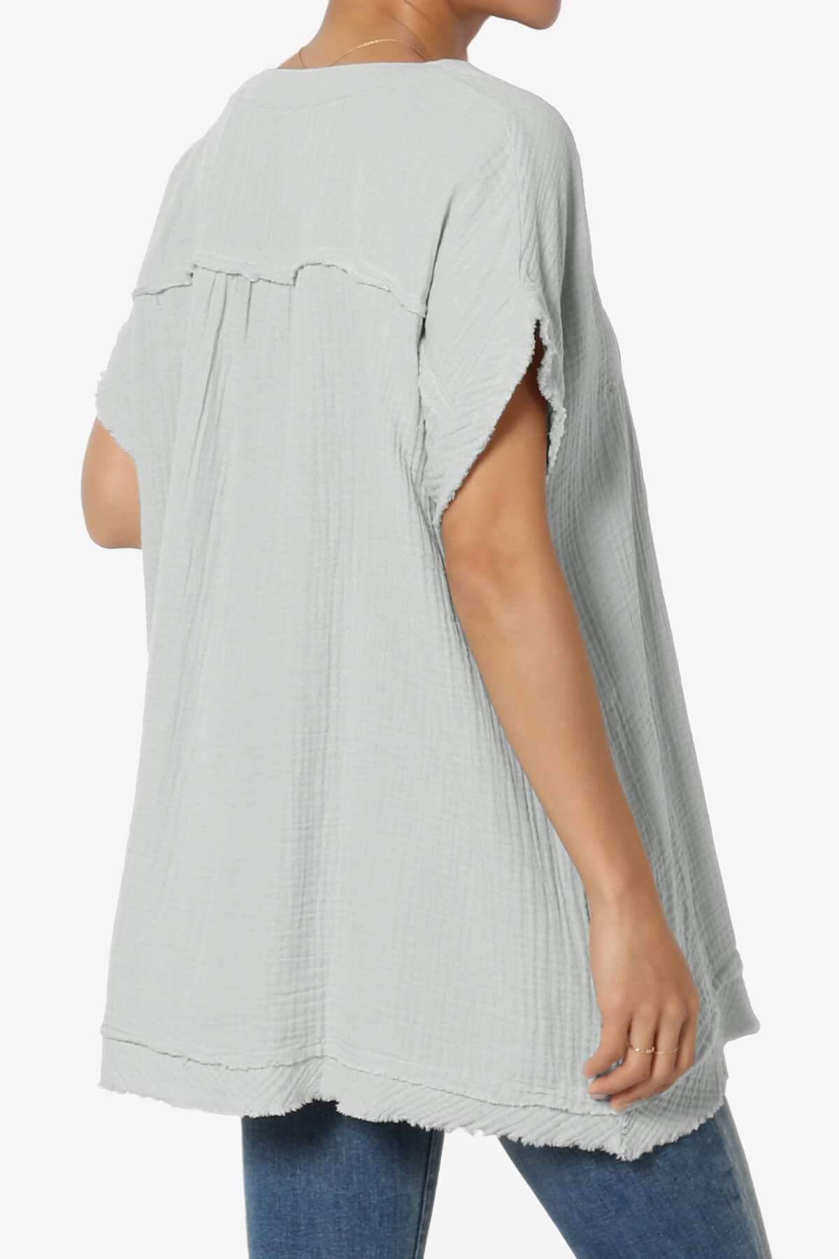 Milly Gauze V-Neck Babydoll Shirt Tunic LIGHT GREY_4