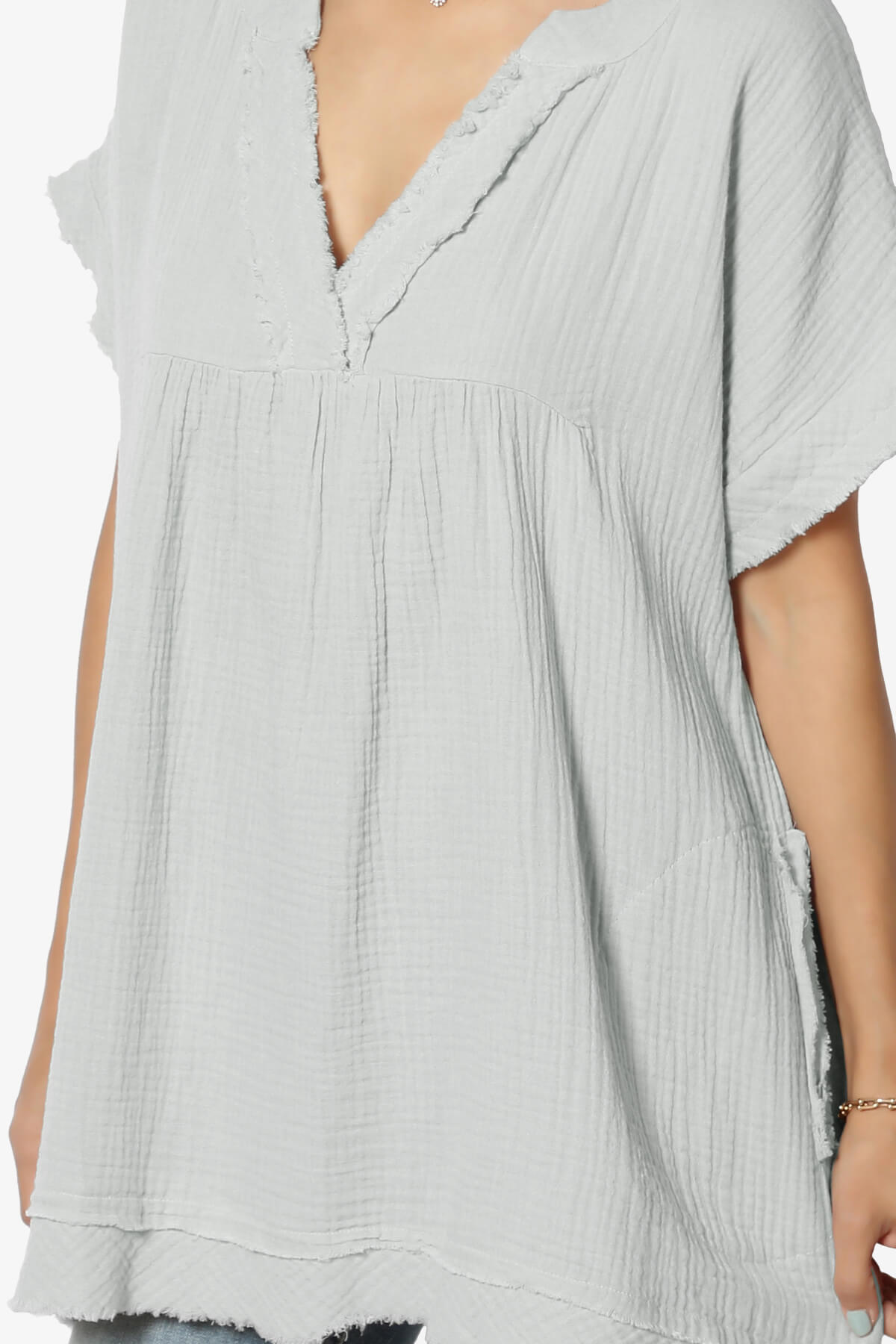 Milly Gauze V-Neck Babydoll Shirt Tunic LIGHT GREY_5