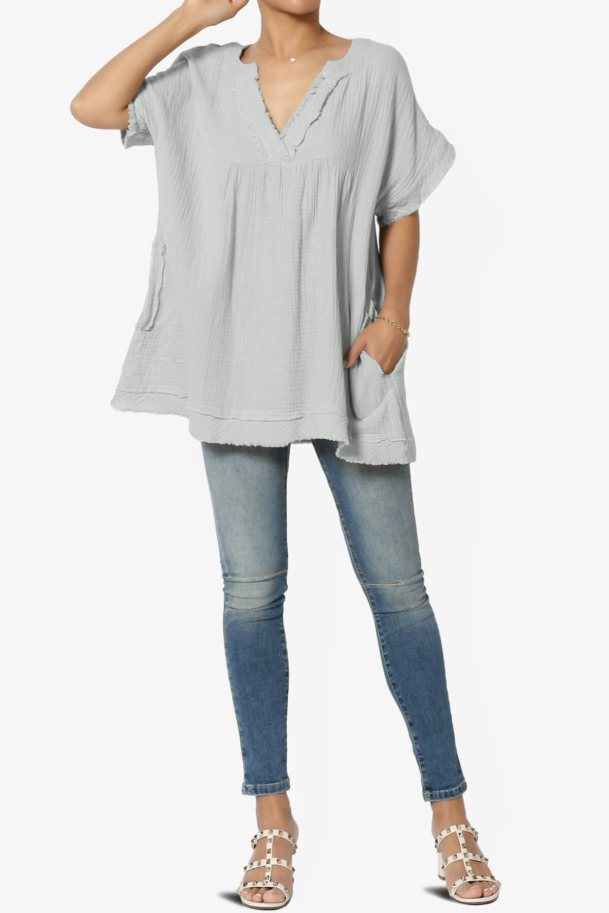 Milly Gauze V-Neck Babydoll Shirt Tunic LIGHT GREY_6