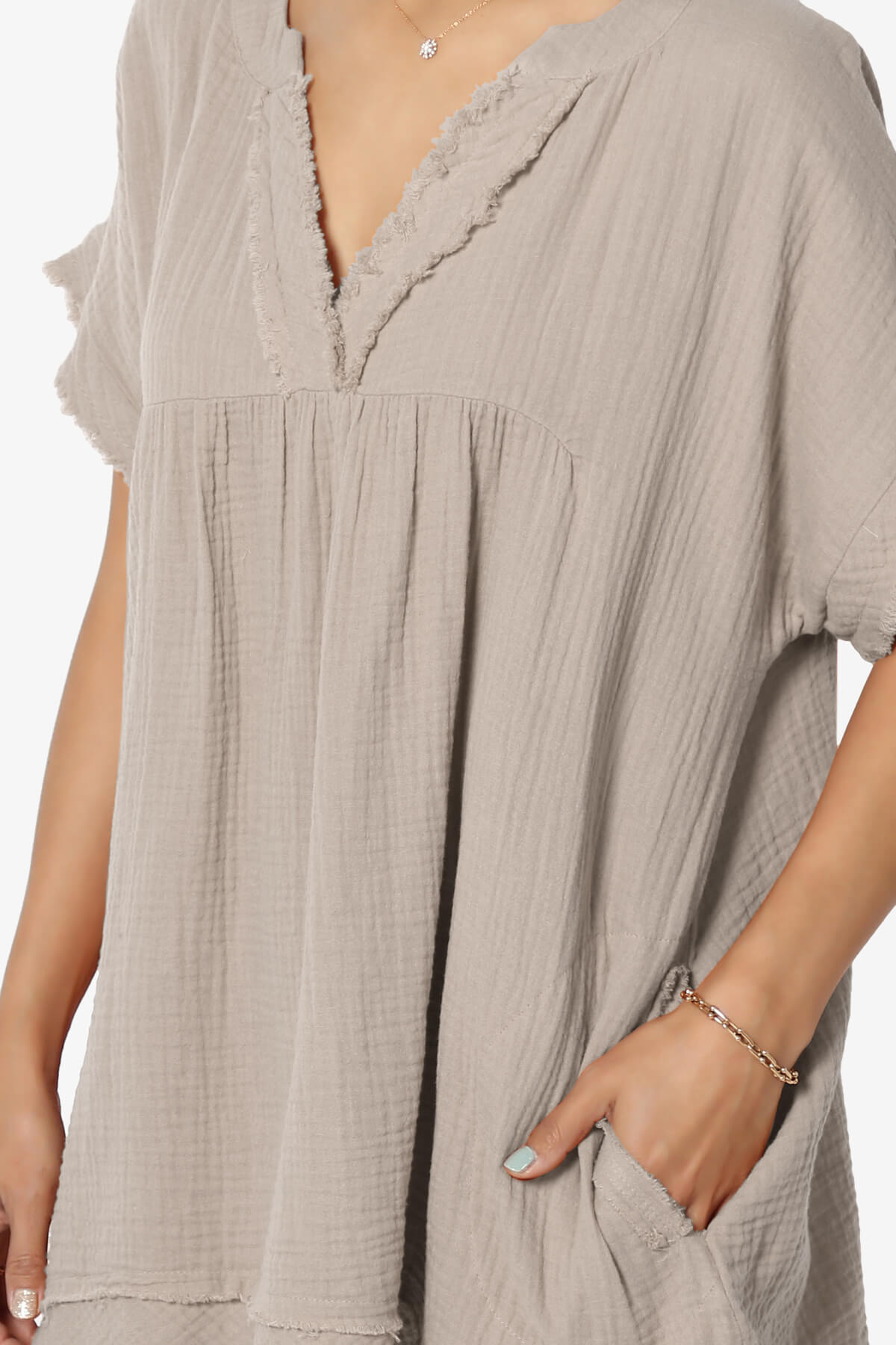 Milly Gauze V-Neck Babydoll Shirt Tunic LIGHT MOCHA_5
