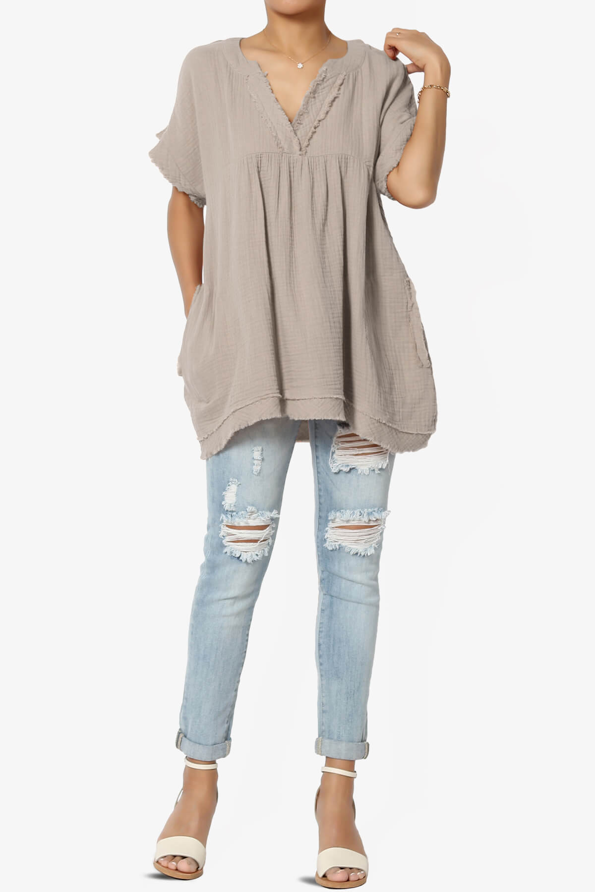Milly Gauze V-Neck Babydoll Shirt Tunic LIGHT MOCHA_6