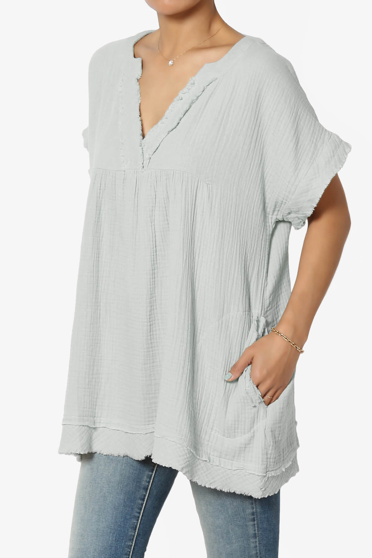 Milly Gauze V-Neck Babydoll Shirt Tunic LT CEMENT_3