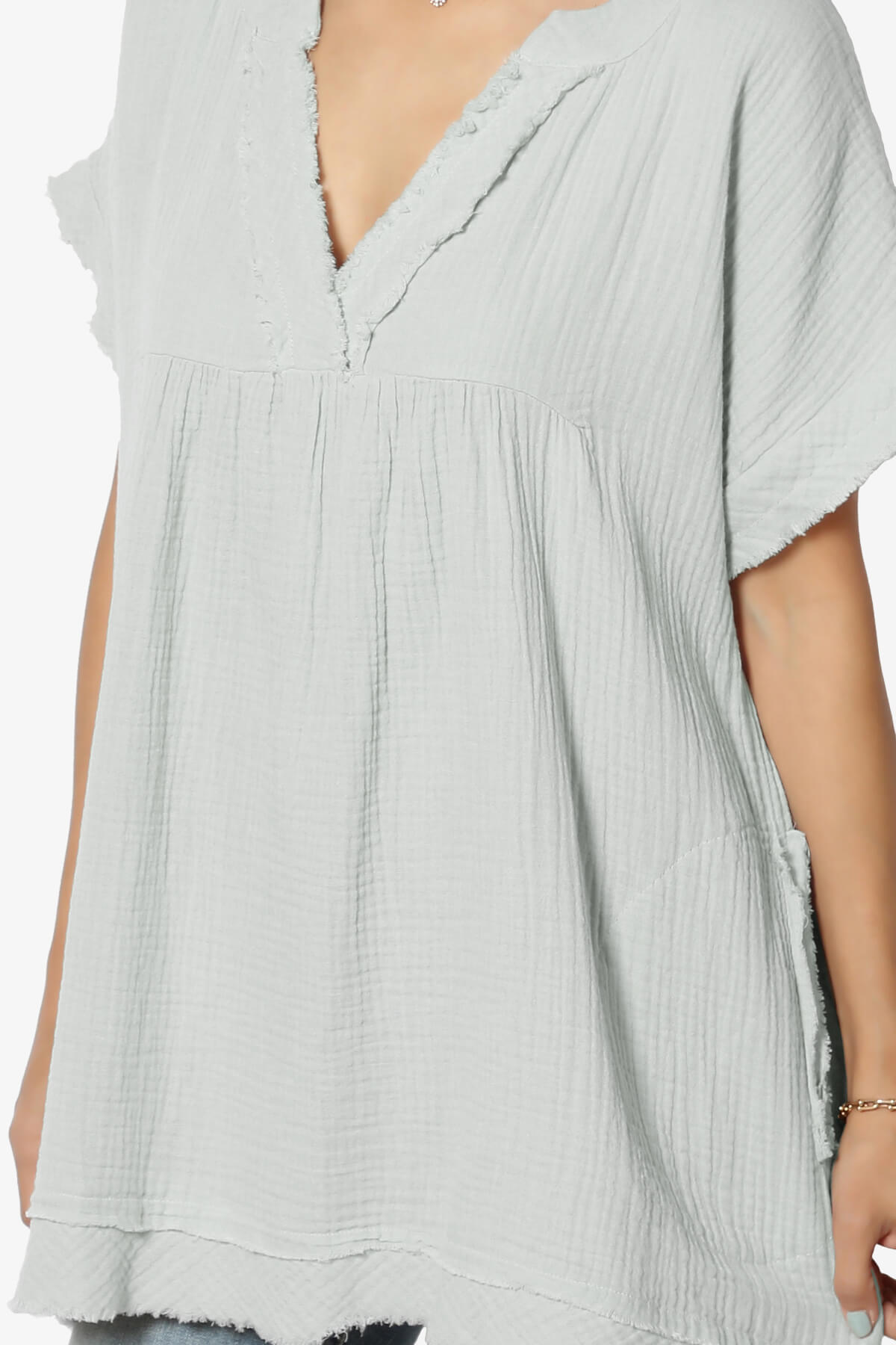 Milly Gauze V-Neck Babydoll Shirt Tunic LT CEMENT_5