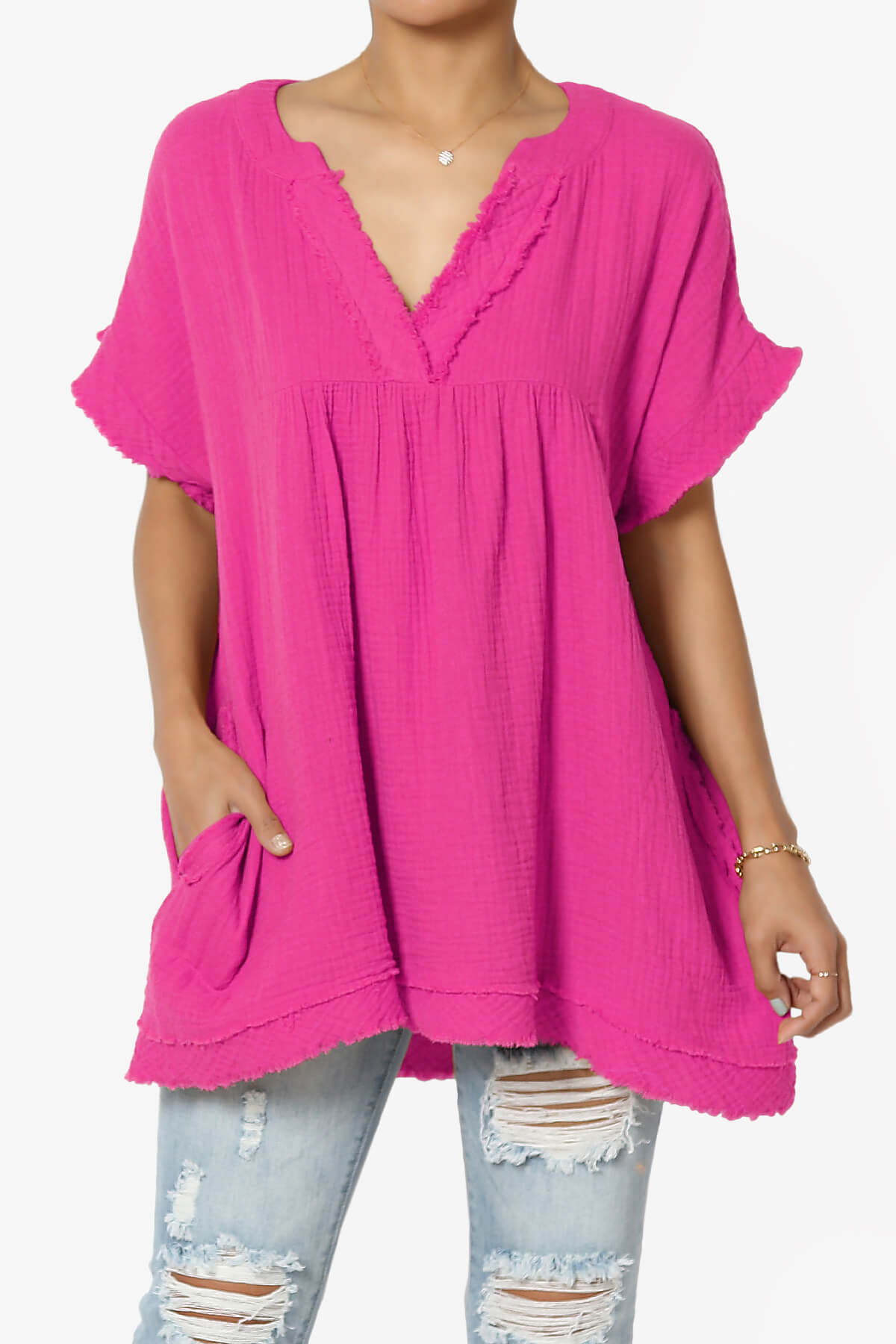 Milly Gauze V-Neck Babydoll Shirt Tunic LT MAGENTA_1