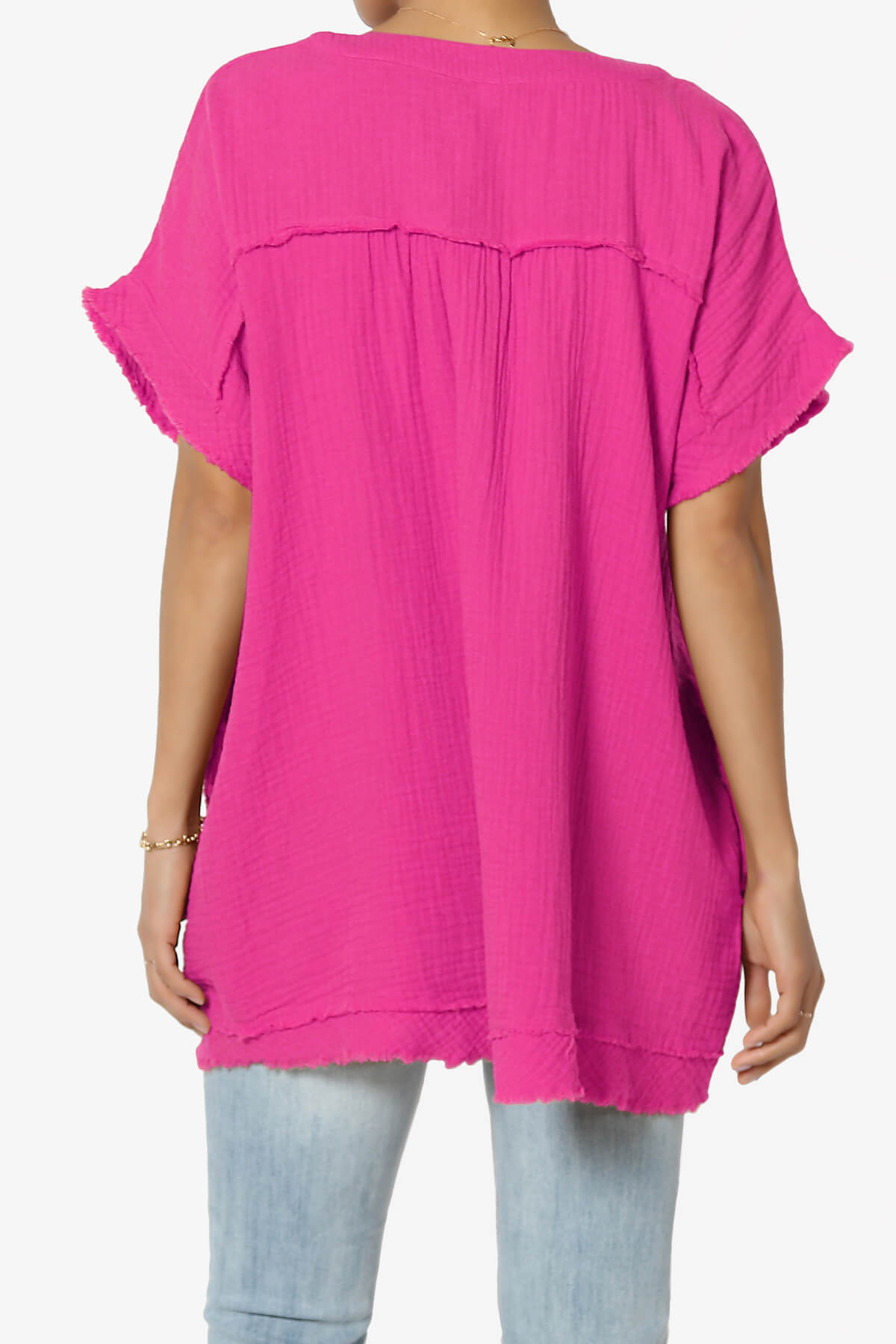 Milly Gauze V-Neck Babydoll Shirt Tunic LT MAGENTA_2