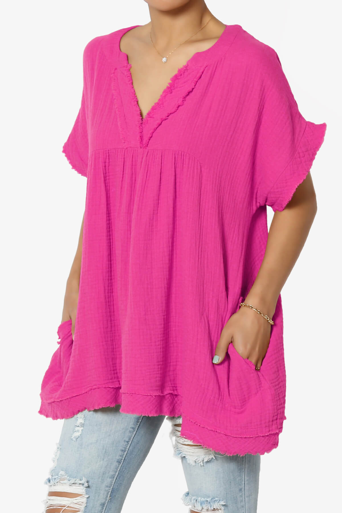Milly Gauze V-Neck Babydoll Shirt Tunic LT MAGENTA_3