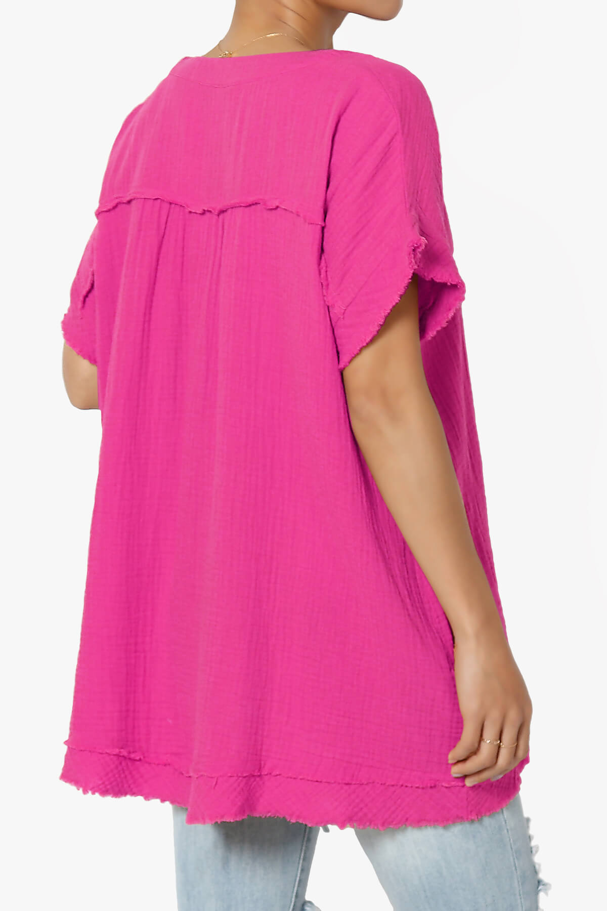 Milly Gauze V-Neck Babydoll Shirt Tunic LT MAGENTA_4