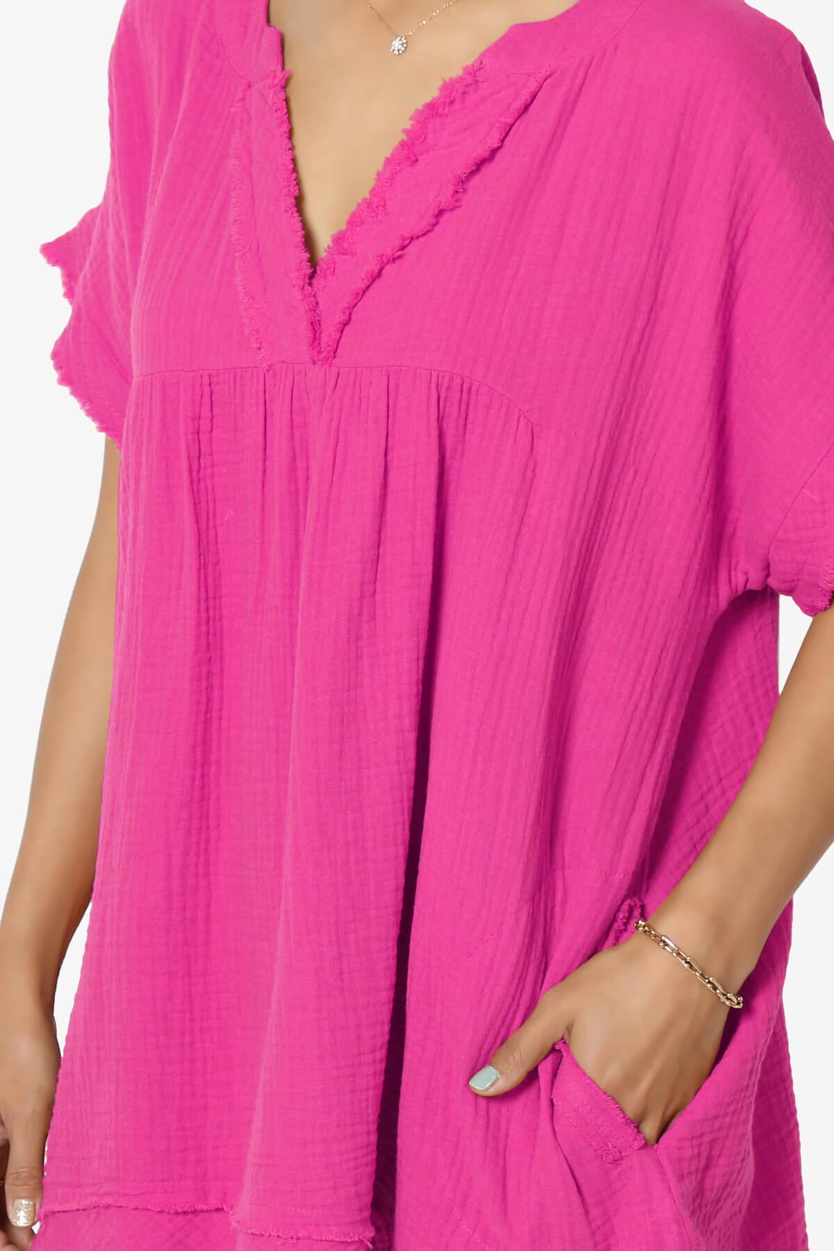 Milly Gauze V-Neck Babydoll Shirt Tunic LT MAGENTA_5