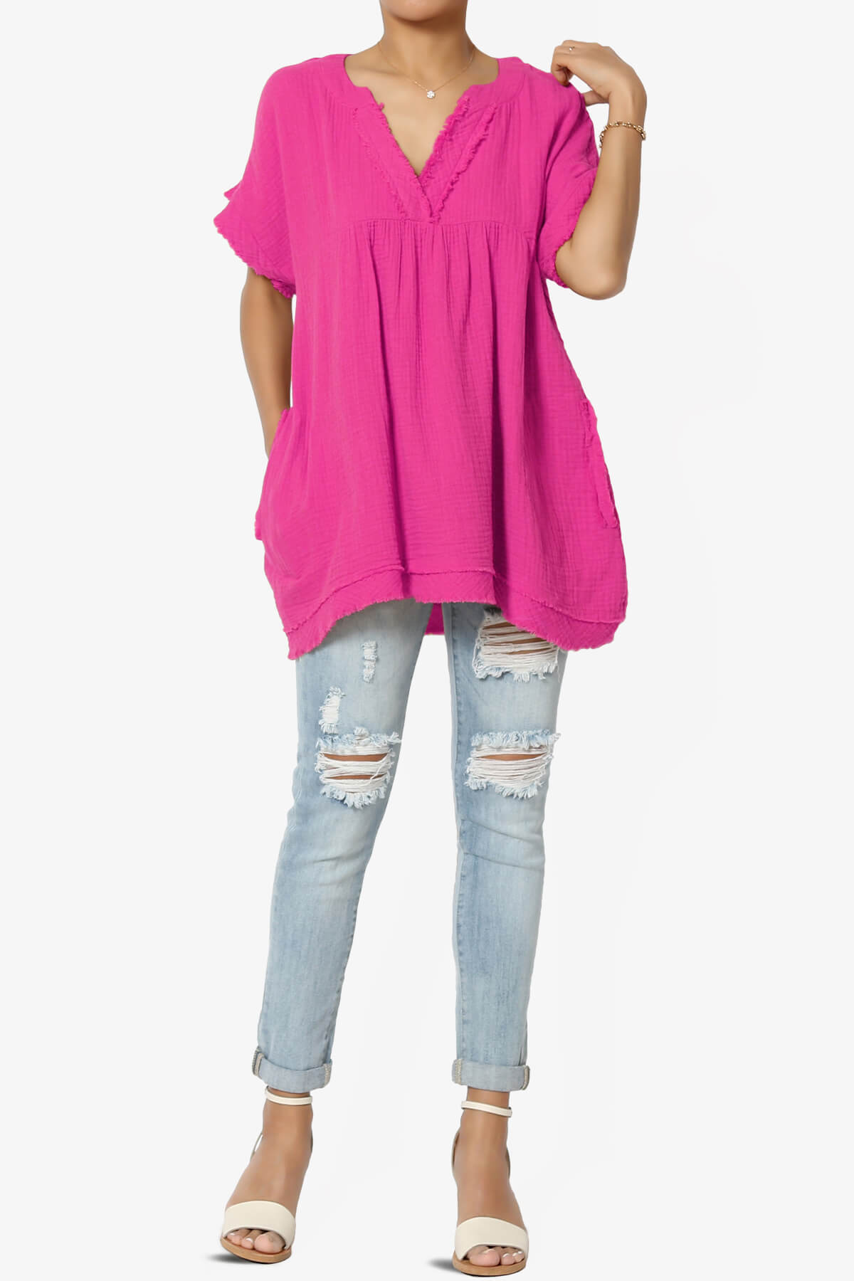 Milly Gauze V-Neck Babydoll Shirt Tunic LT MAGENTA_6