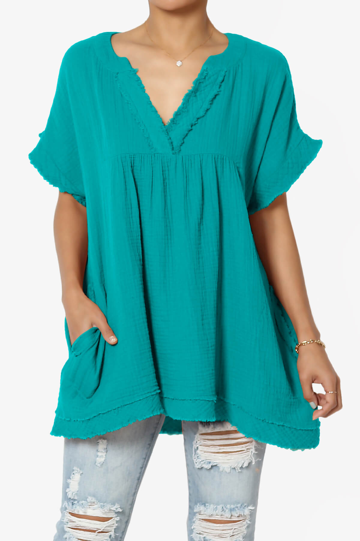 Milly Gauze V-Neck Babydoll Shirt Tunic LT TEAL_1