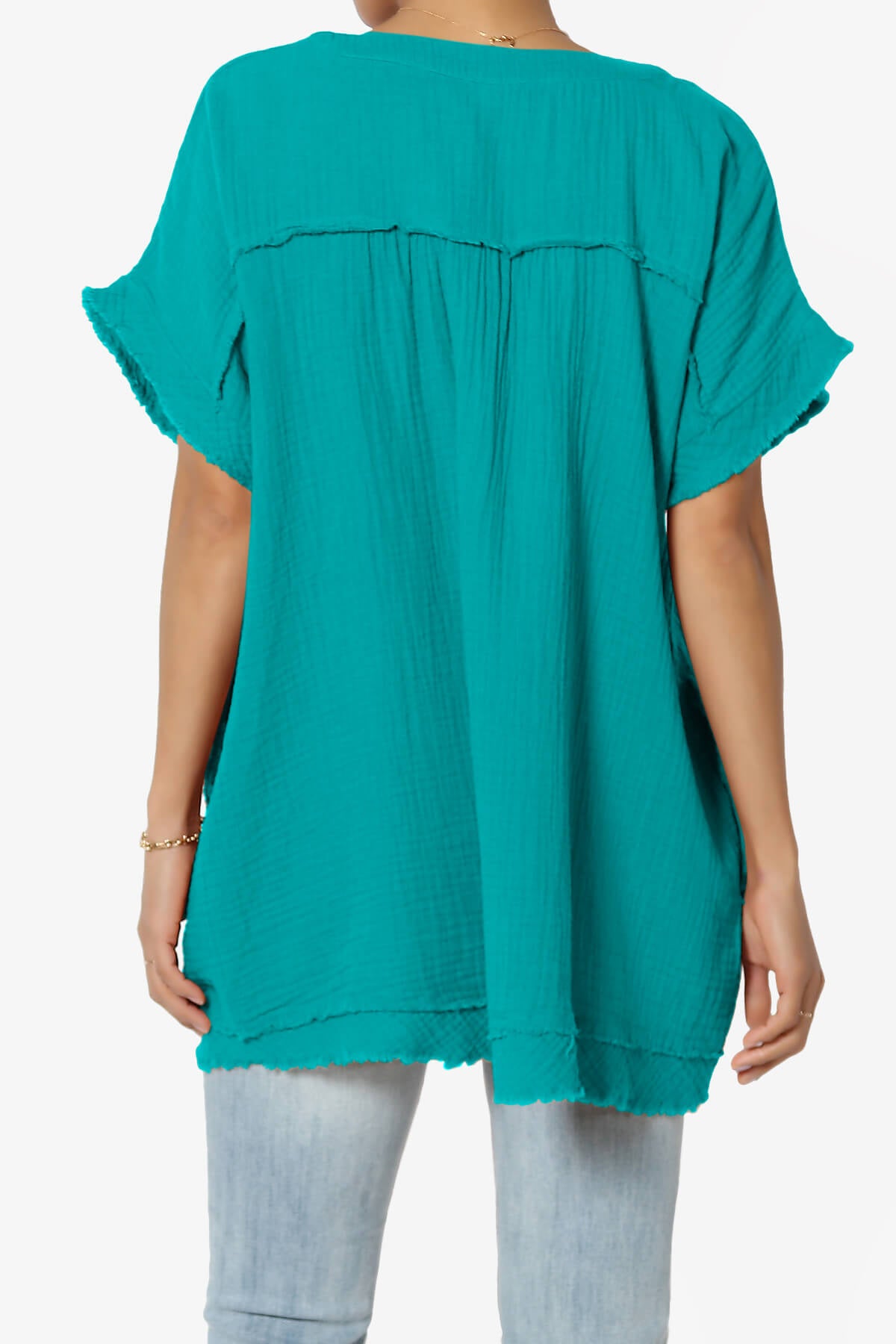 Milly Gauze V-Neck Babydoll Shirt Tunic LT TEAL_2