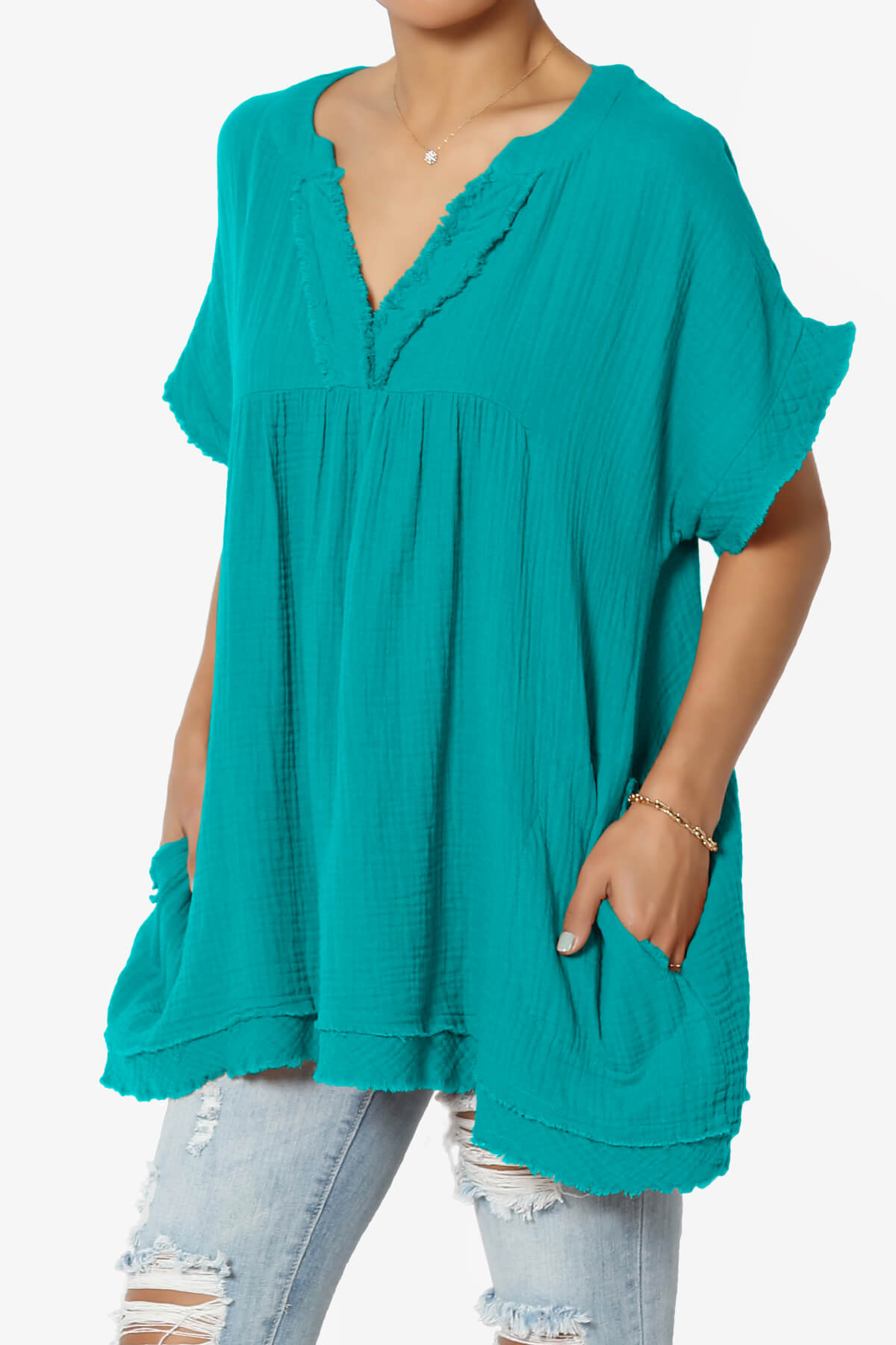 Milly Gauze V-Neck Babydoll Shirt Tunic LT TEAL_3
