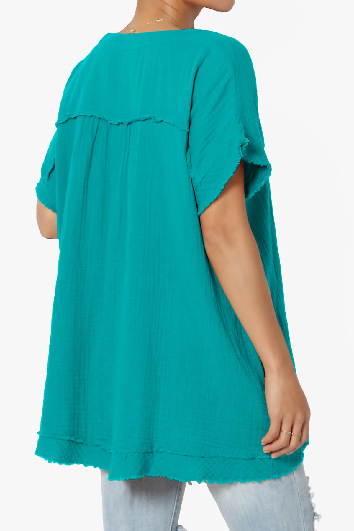 Milly Gauze V-Neck Babydoll Shirt Tunic LT TEAL_4