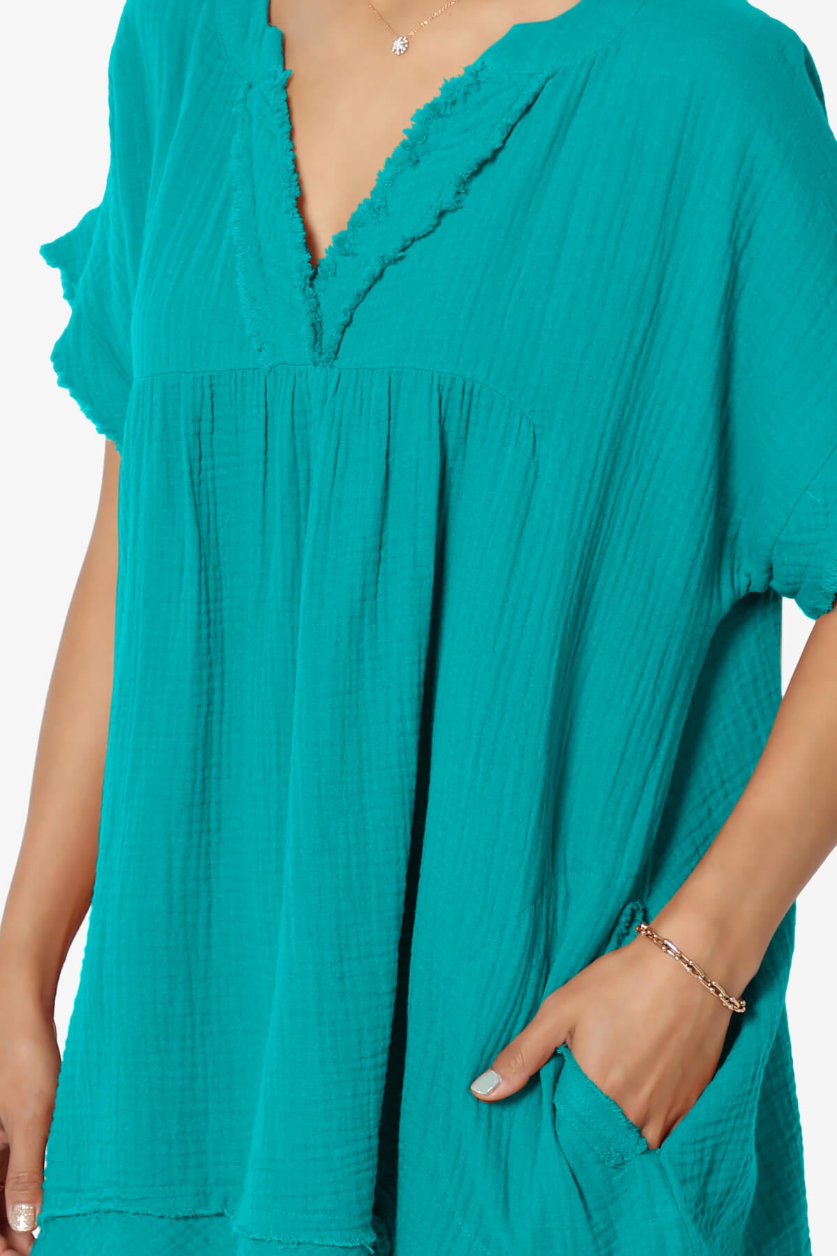 Milly Gauze V-Neck Babydoll Shirt Tunic LT TEAL_5