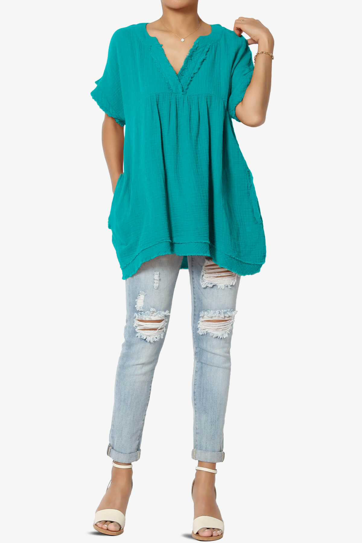 Milly Gauze V-Neck Babydoll Shirt Tunic LT TEAL_6