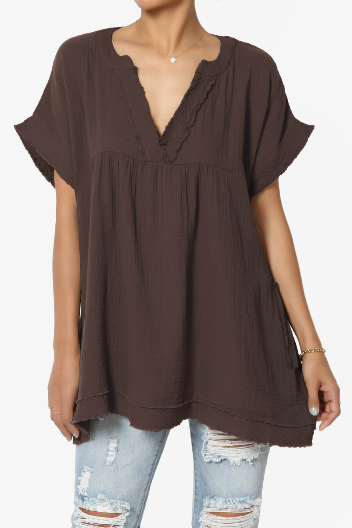 Milly Gauze V-Neck Babydoll Shirt Tunic MAHOGANY_1