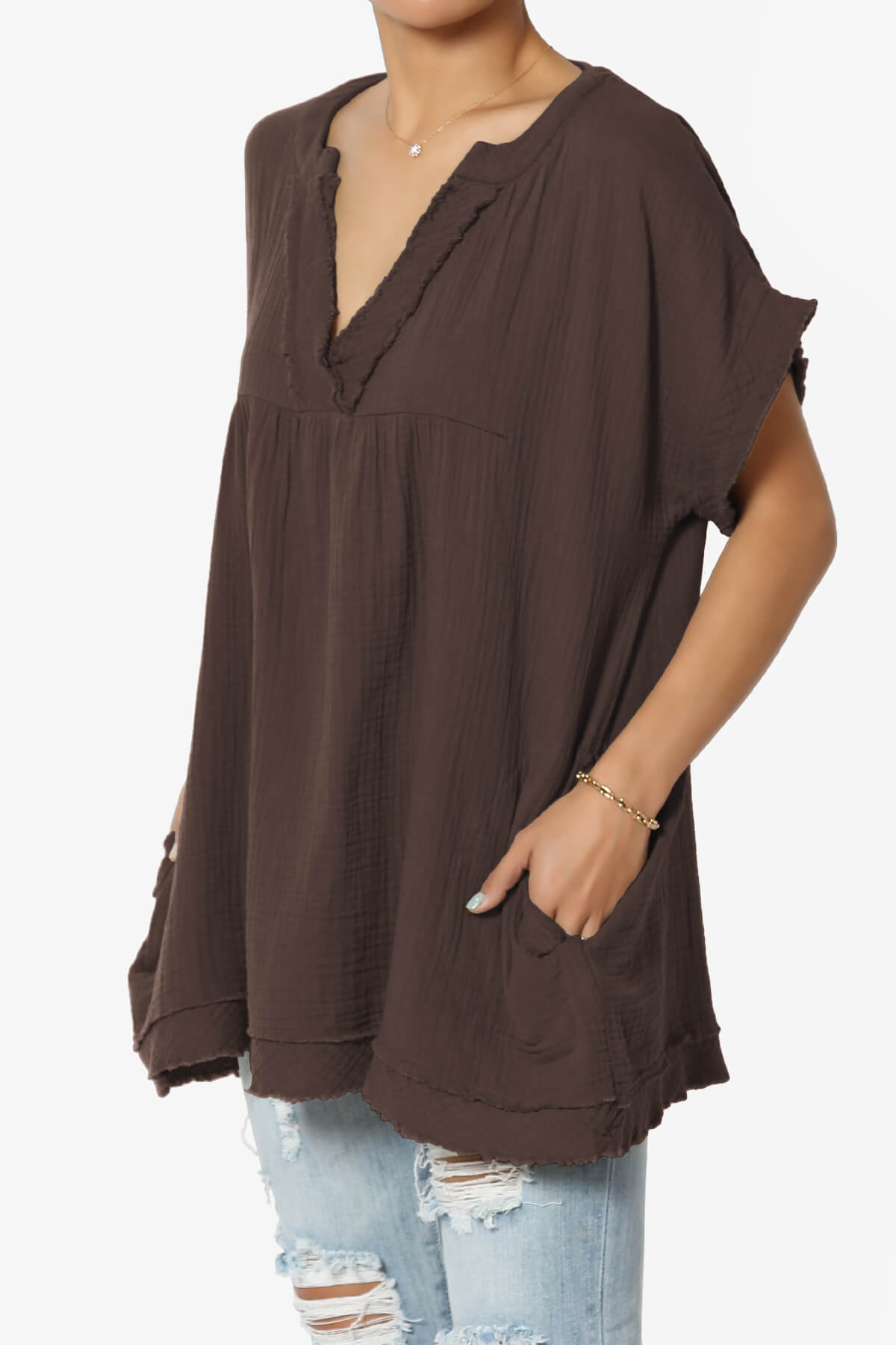Milly Gauze V-Neck Babydoll Shirt Tunic MAHOGANY_3