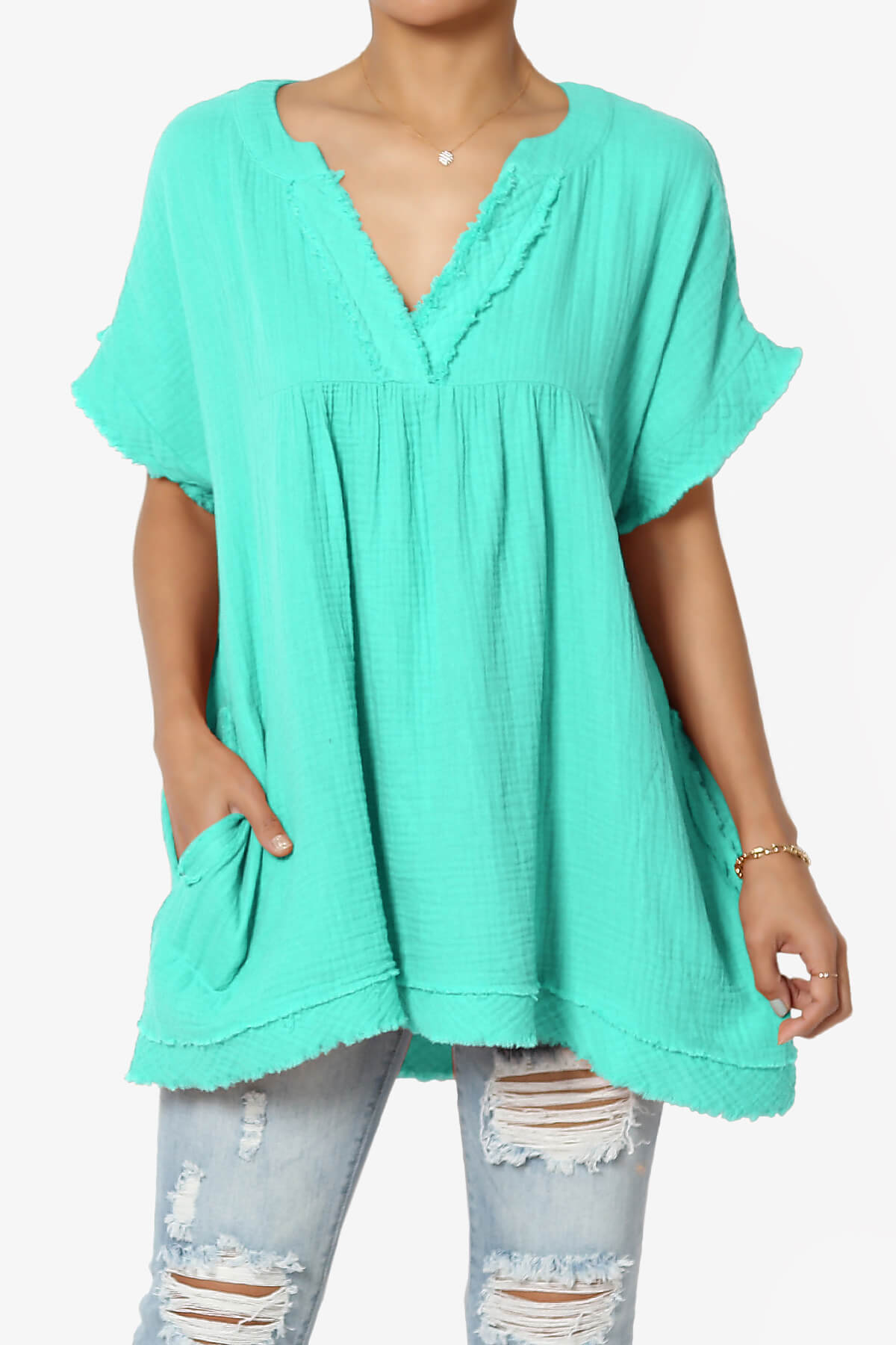 Milly Gauze V-Neck Babydoll Shirt Tunic MINT_1