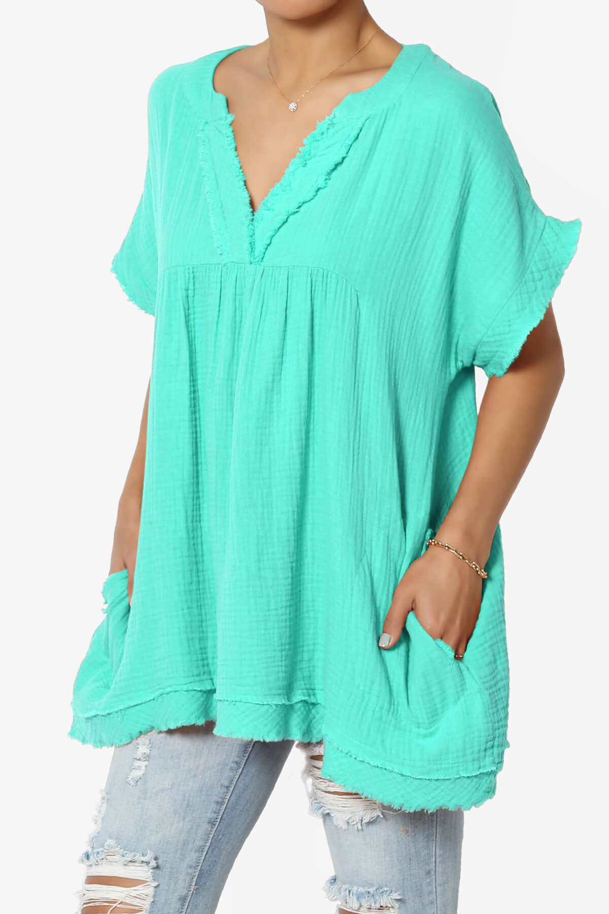 Milly Gauze V-Neck Babydoll Shirt Tunic MINT_3