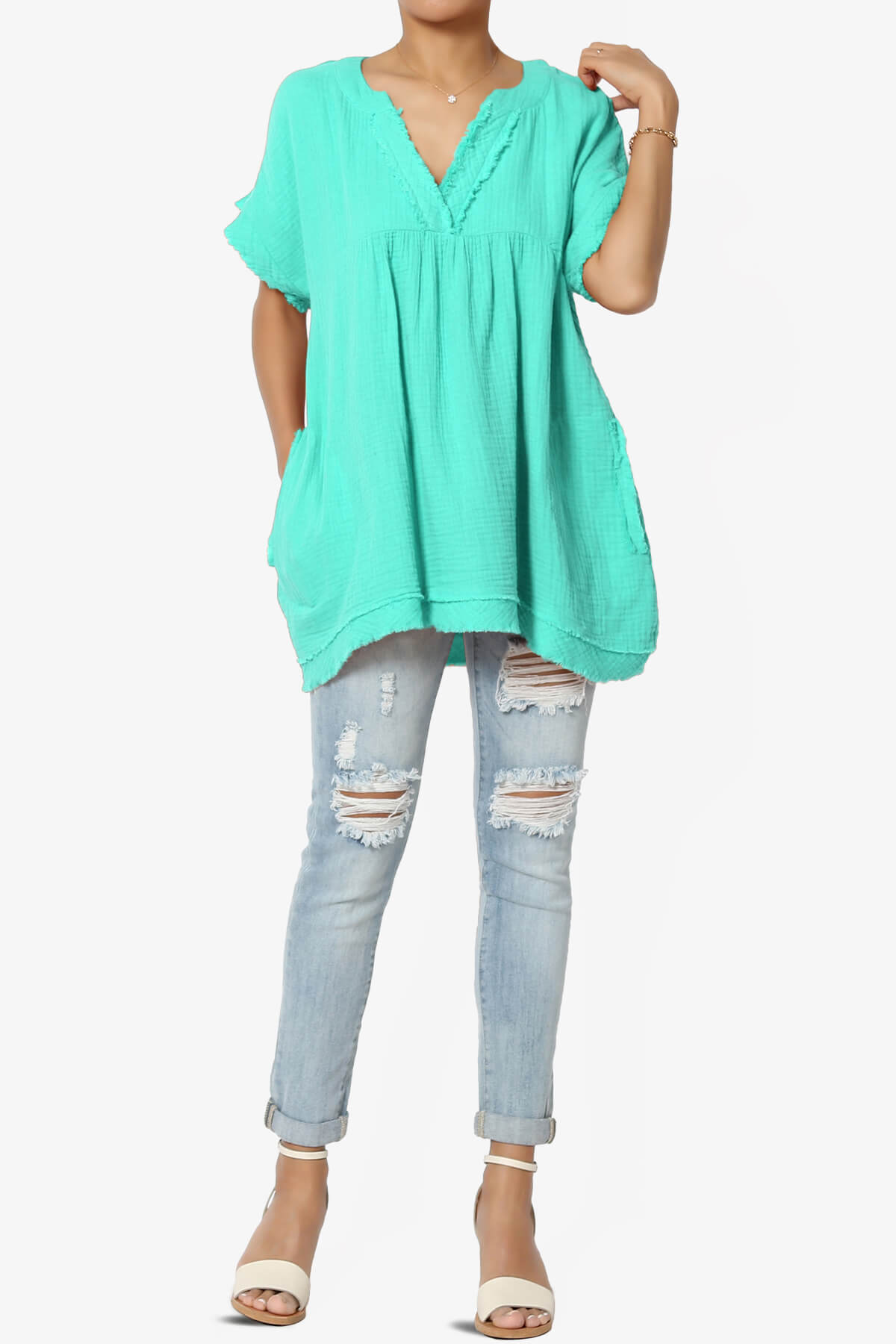 Milly Gauze V-Neck Babydoll Shirt Tunic MINT_6