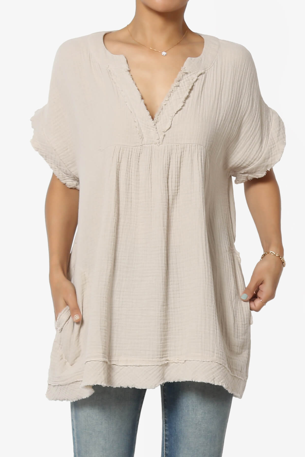 Milly Gauze V-Neck Babydoll Shirt Tunic SAND BEIGE_1