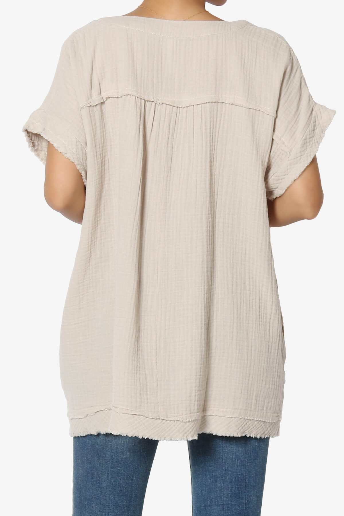 Milly Gauze V-Neck Babydoll Shirt Tunic SAND BEIGE_2