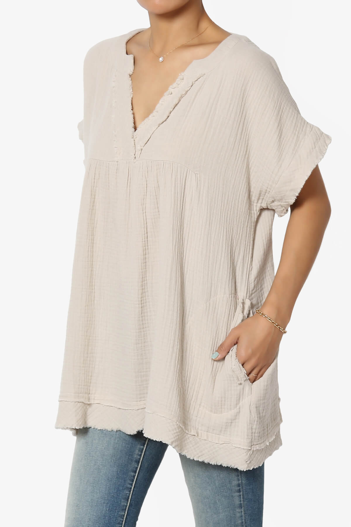 Milly Gauze V-Neck Babydoll Shirt Tunic SAND BEIGE_3