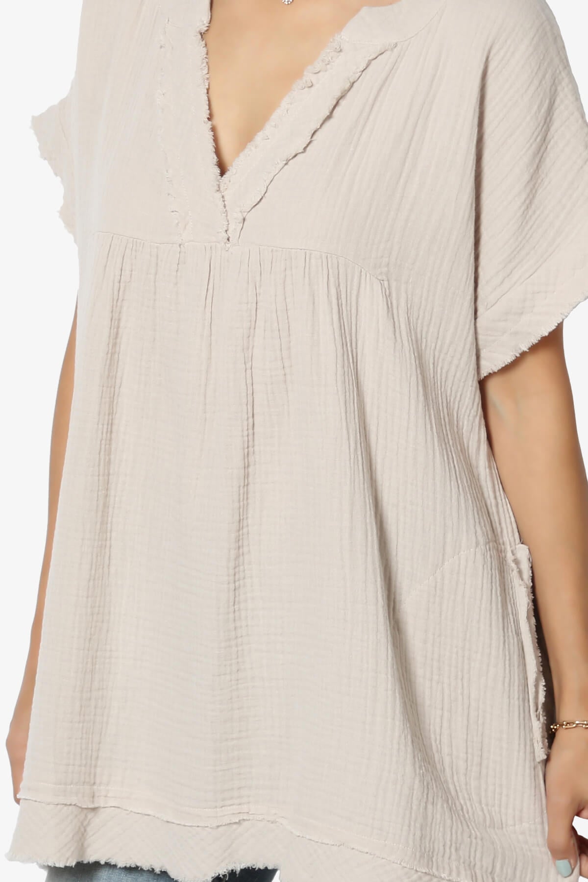Milly Gauze V-Neck Babydoll Shirt Tunic SAND BEIGE_5