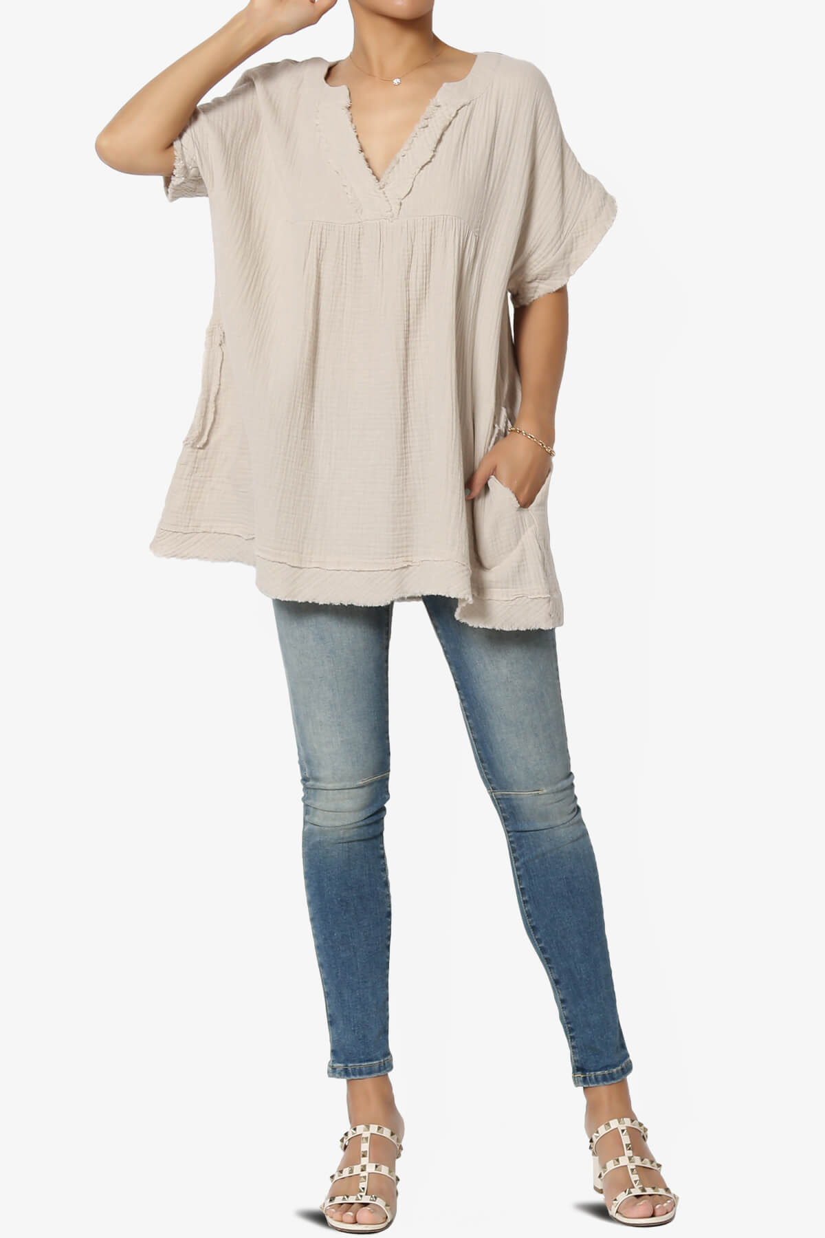 Milly Gauze V-Neck Babydoll Shirt Tunic SAND BEIGE_6