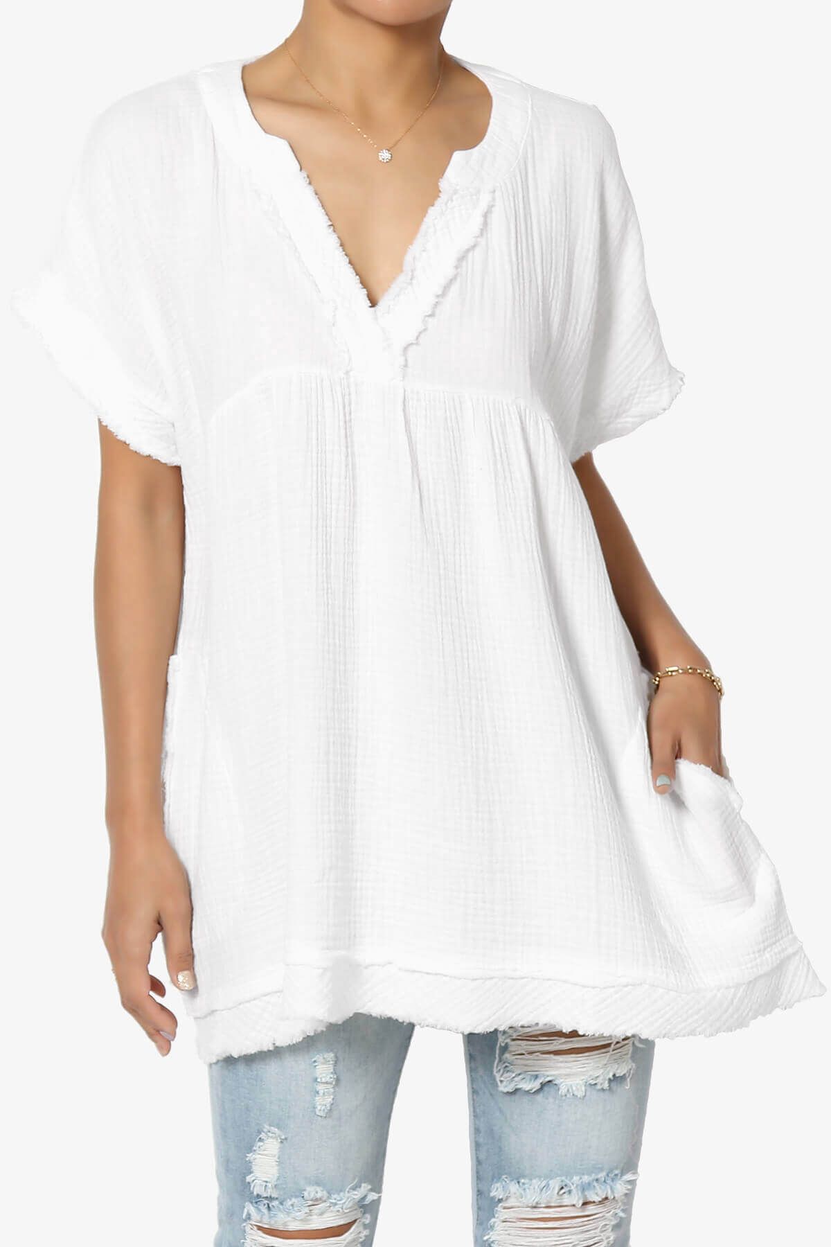 Milly Gauze V-Neck Babydoll Shirt Tunic WHITE_1