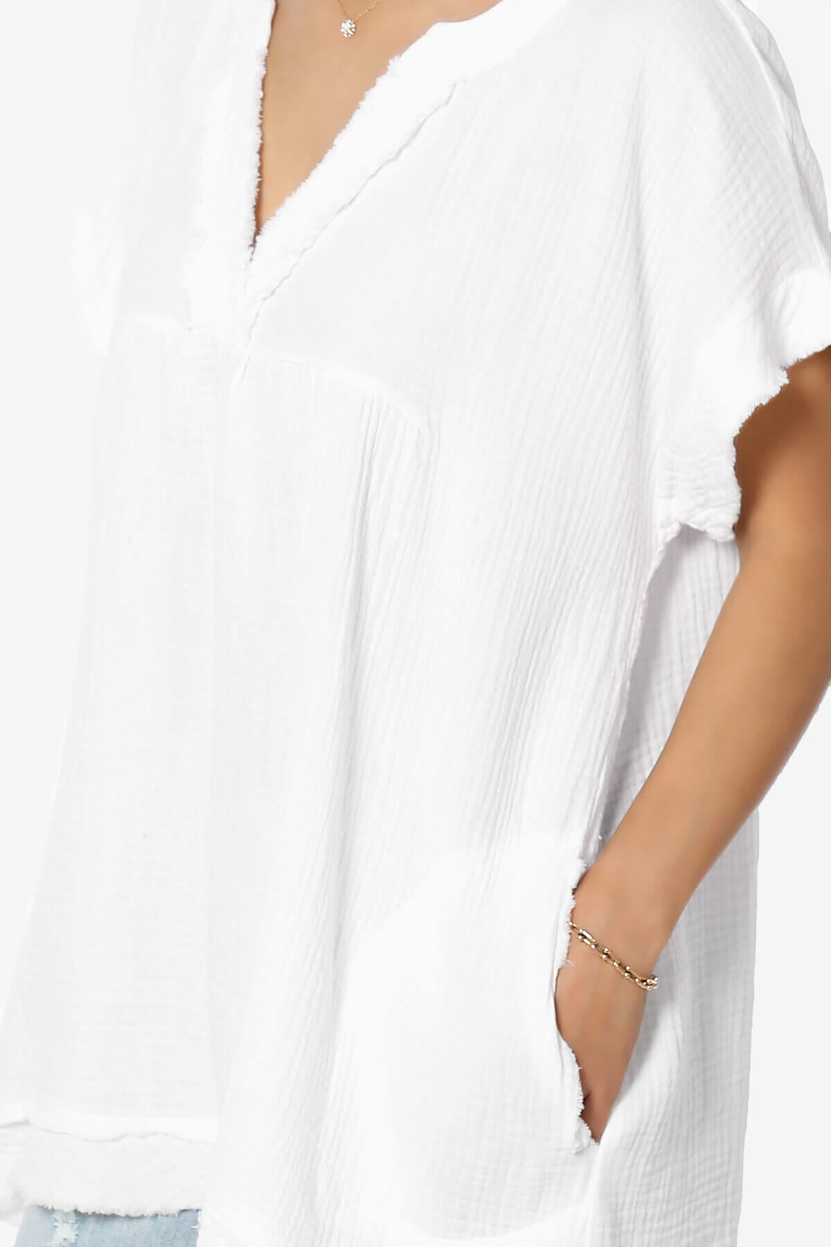 Milly Gauze V-Neck Babydoll Shirt Tunic WHITE_5