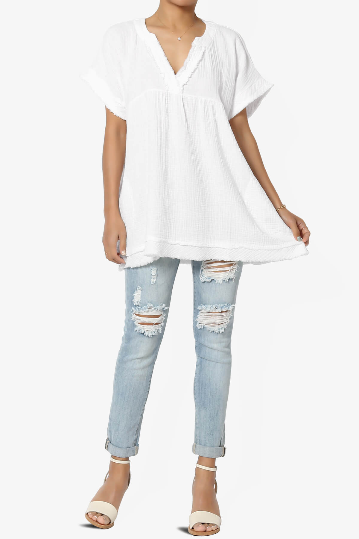 Milly Gauze V-Neck Babydoll Shirt Tunic WHITE_6