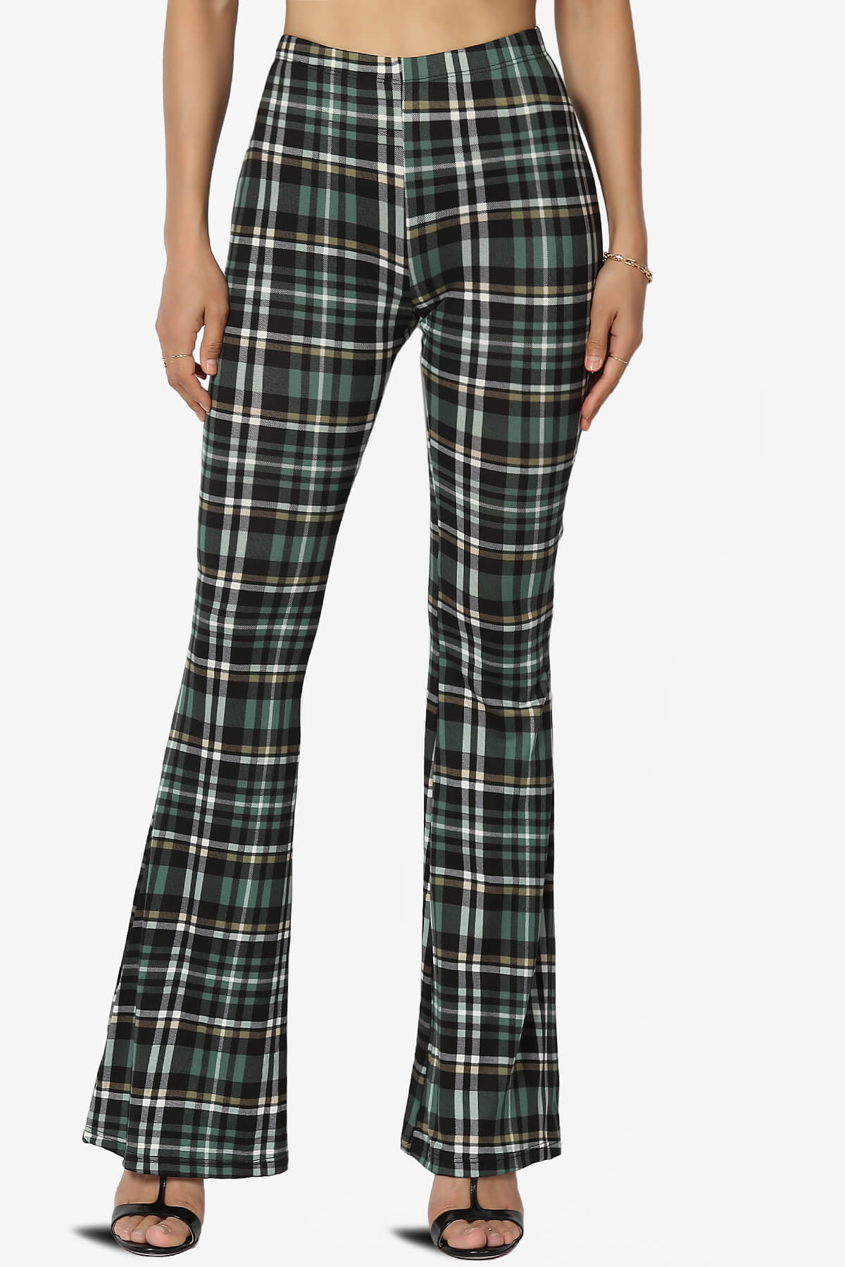 Mumu Plaid Jersey Flare Pants TEAL_1